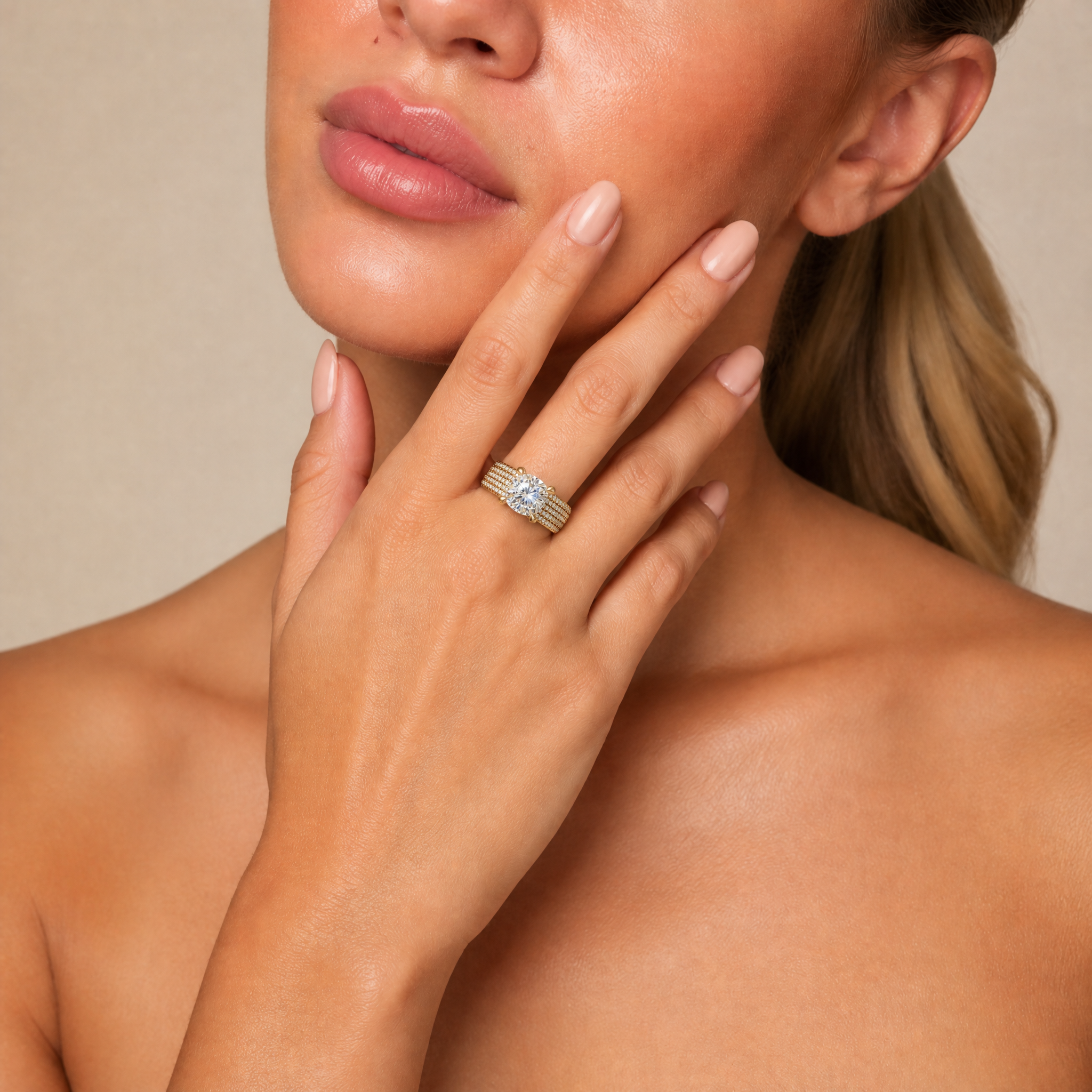 Luxury Model Wearing Cushion Cut Lab Grown Diamond Engagement Ring with Triple Pavé Band in 14K Yellow Gold – Raul Diamonds