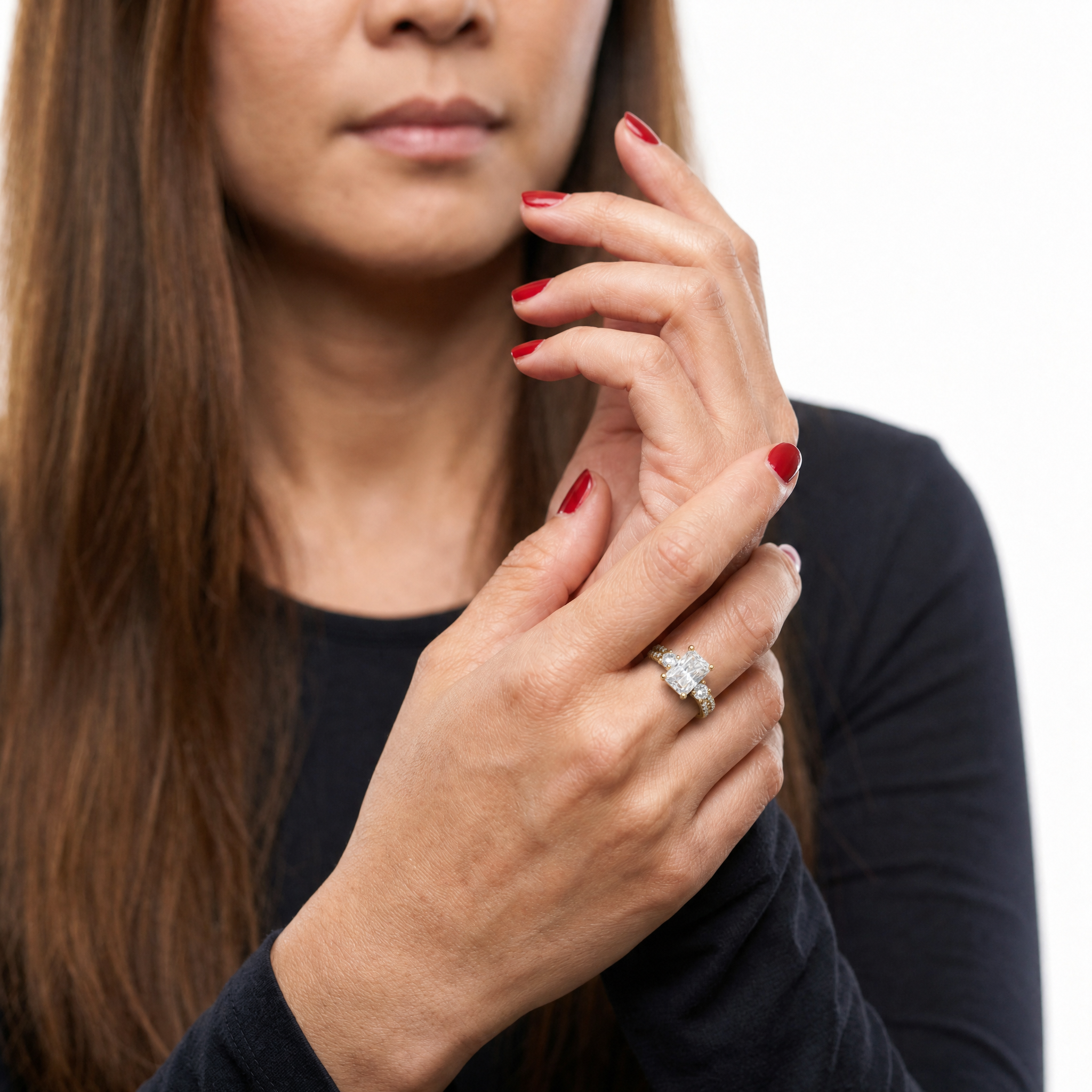 Elegant Model Wearing Radiant Three Stone Lab Grown Diamond Engagement Ring in 14K Yellow Gold – Raul Diamonds