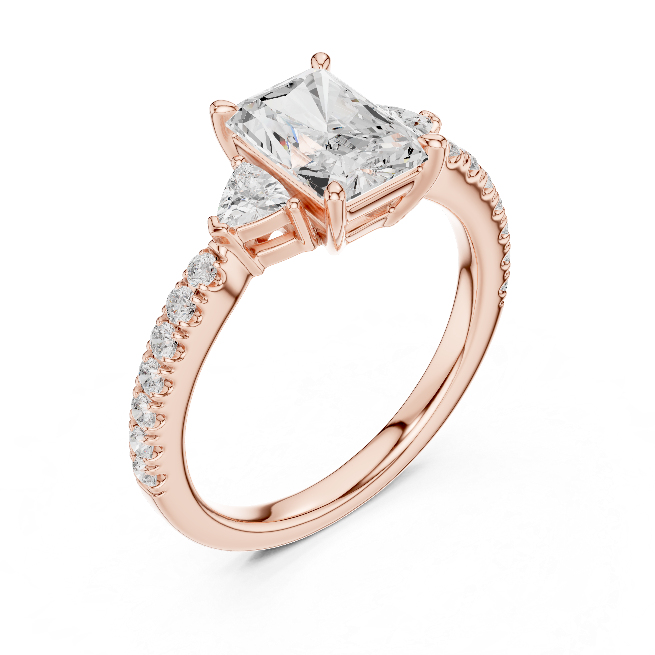 Pavé band engagement ring with radiant cut lab diamond and side stones