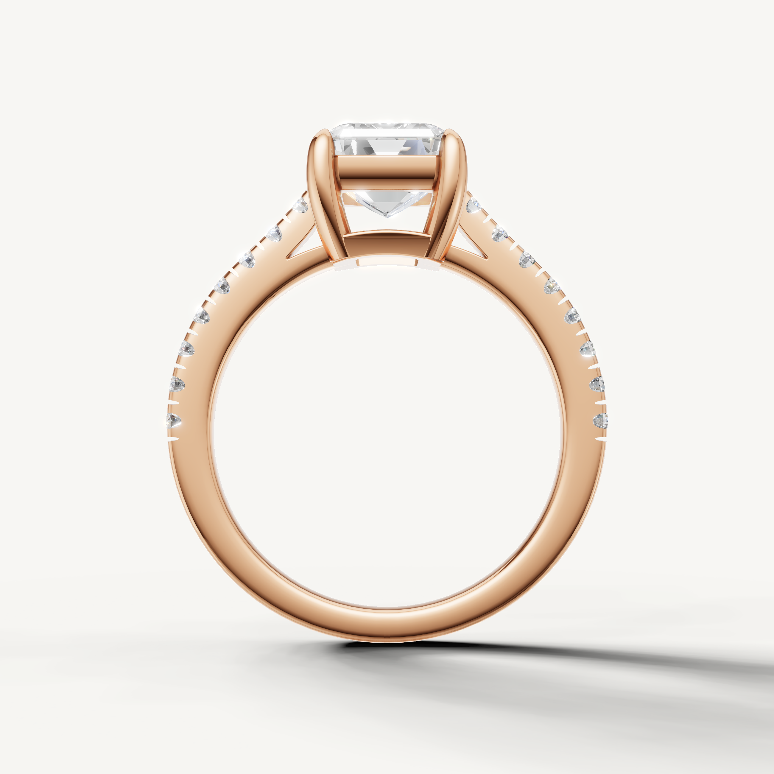 Fine jewelry emerald cut lab grown diamond ring in rose gold with pavé diamonds