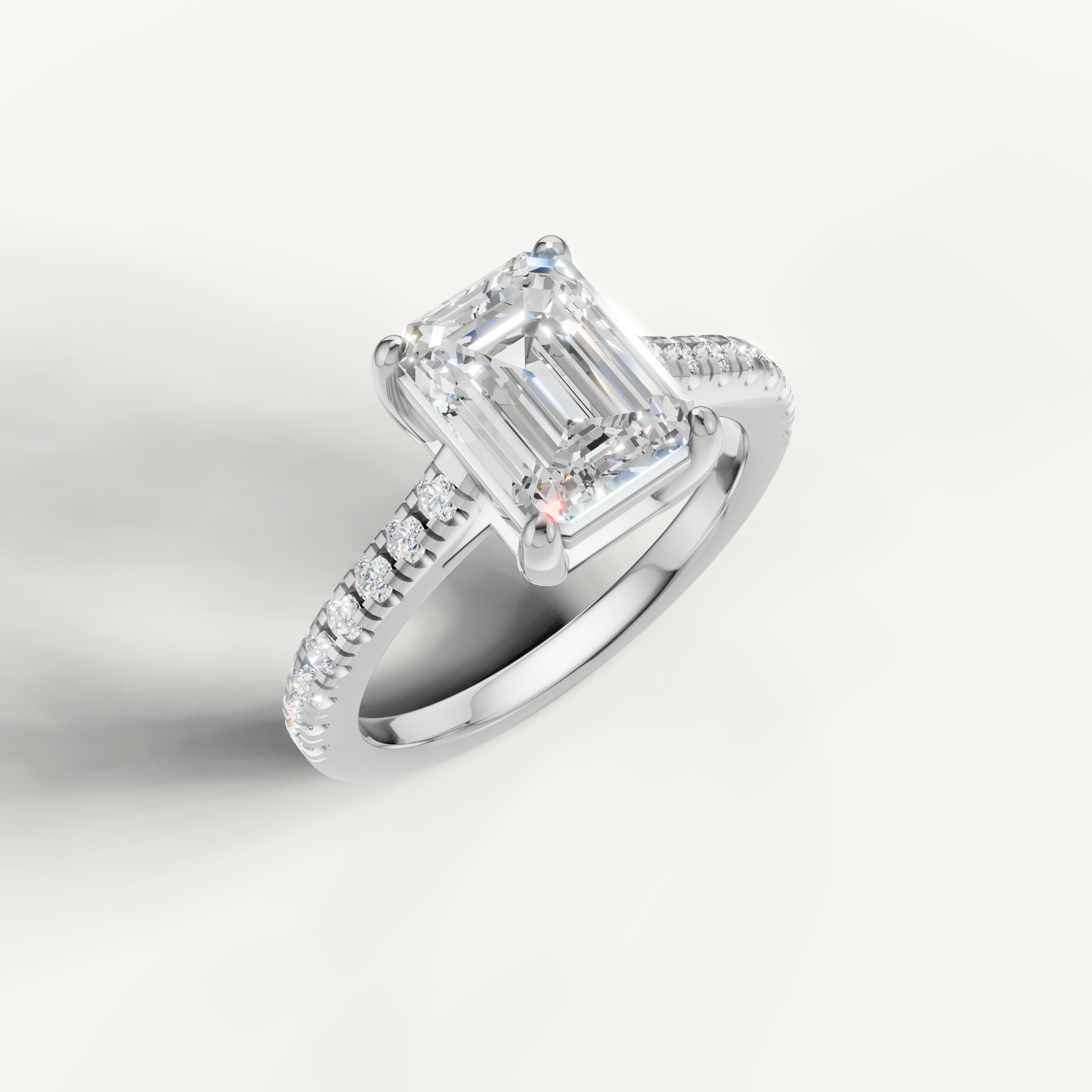 14K white gold emerald cut lab grown diamond ring with micro pavé band and step cut center