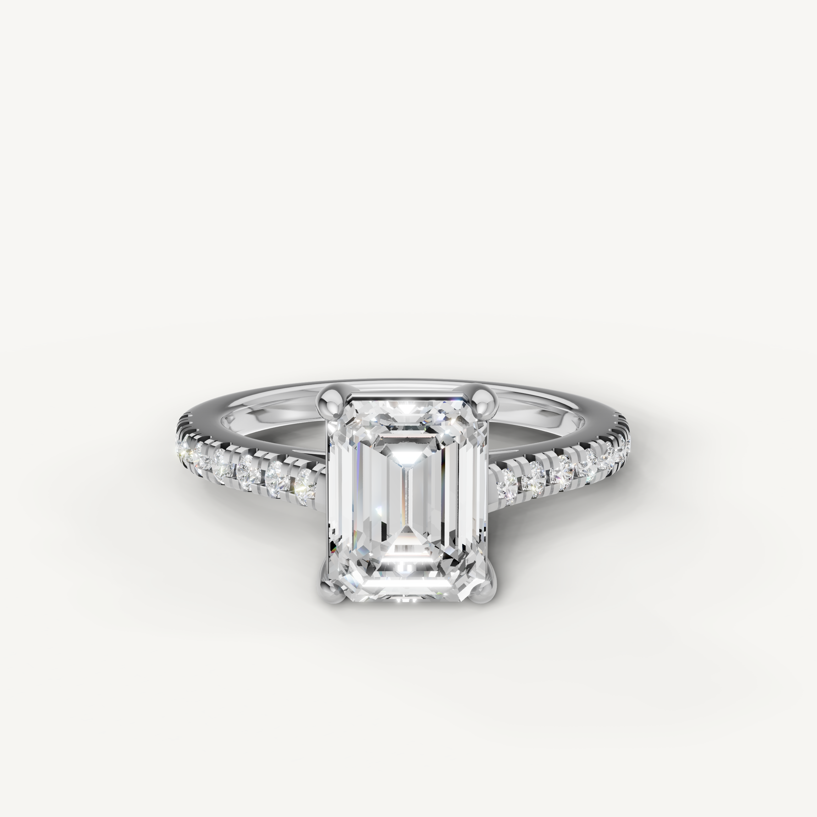 Emerald cut lab grown diamond engagement ring in 14K white gold with pavé diamond band