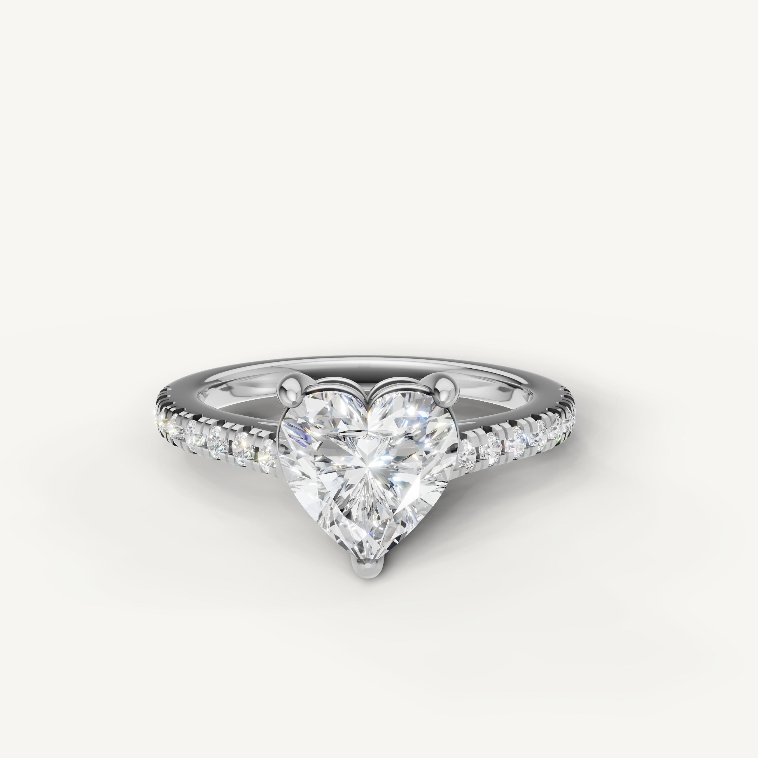 Heart shaped lab grown diamond engagement ring in 14K white gold with pavé diamond band
