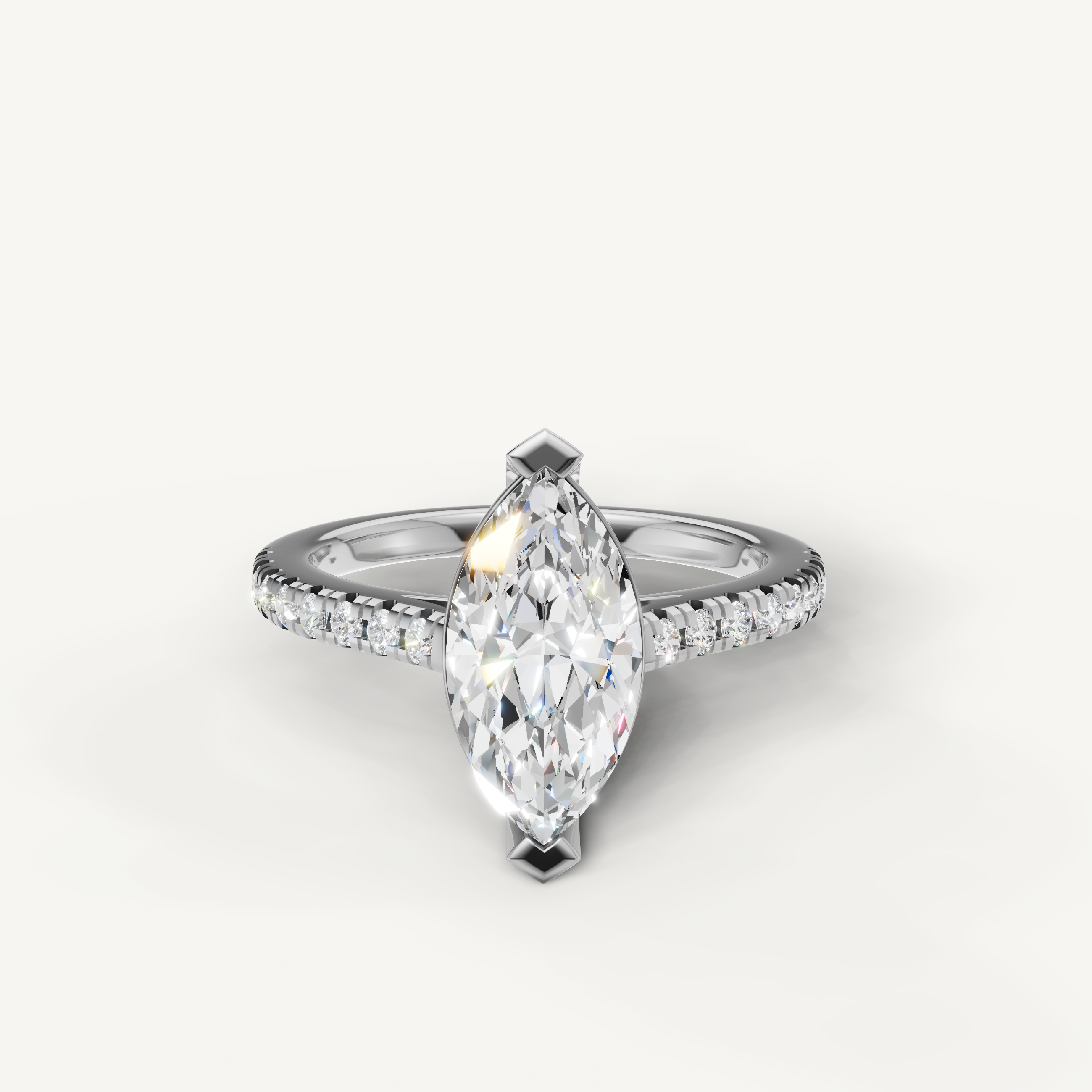Marquise cut lab grown diamond engagement ring in 14K white gold with pavé diamond band