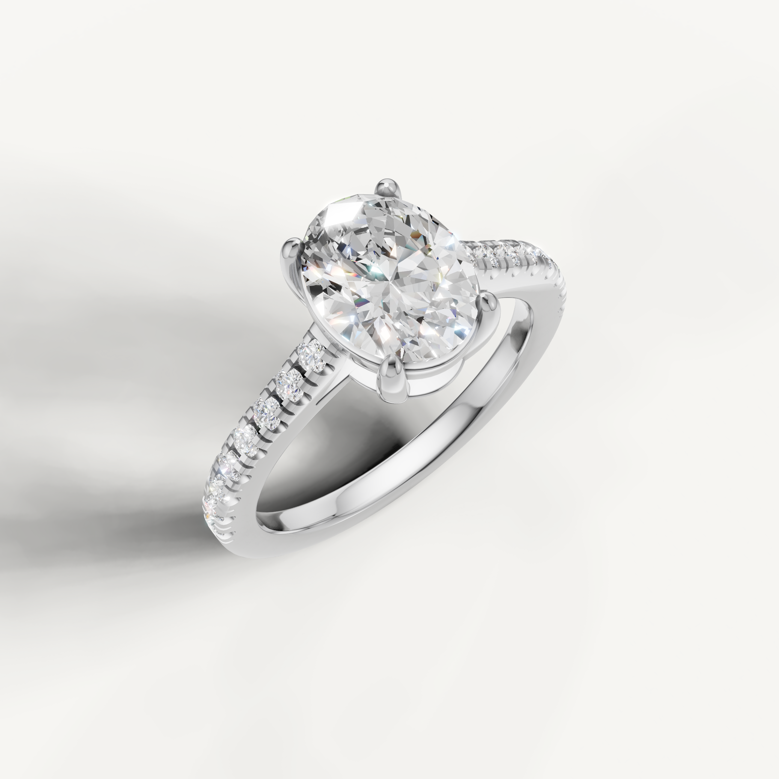 14K white gold oval lab grown diamond ring with micro pavé setting and elegant look