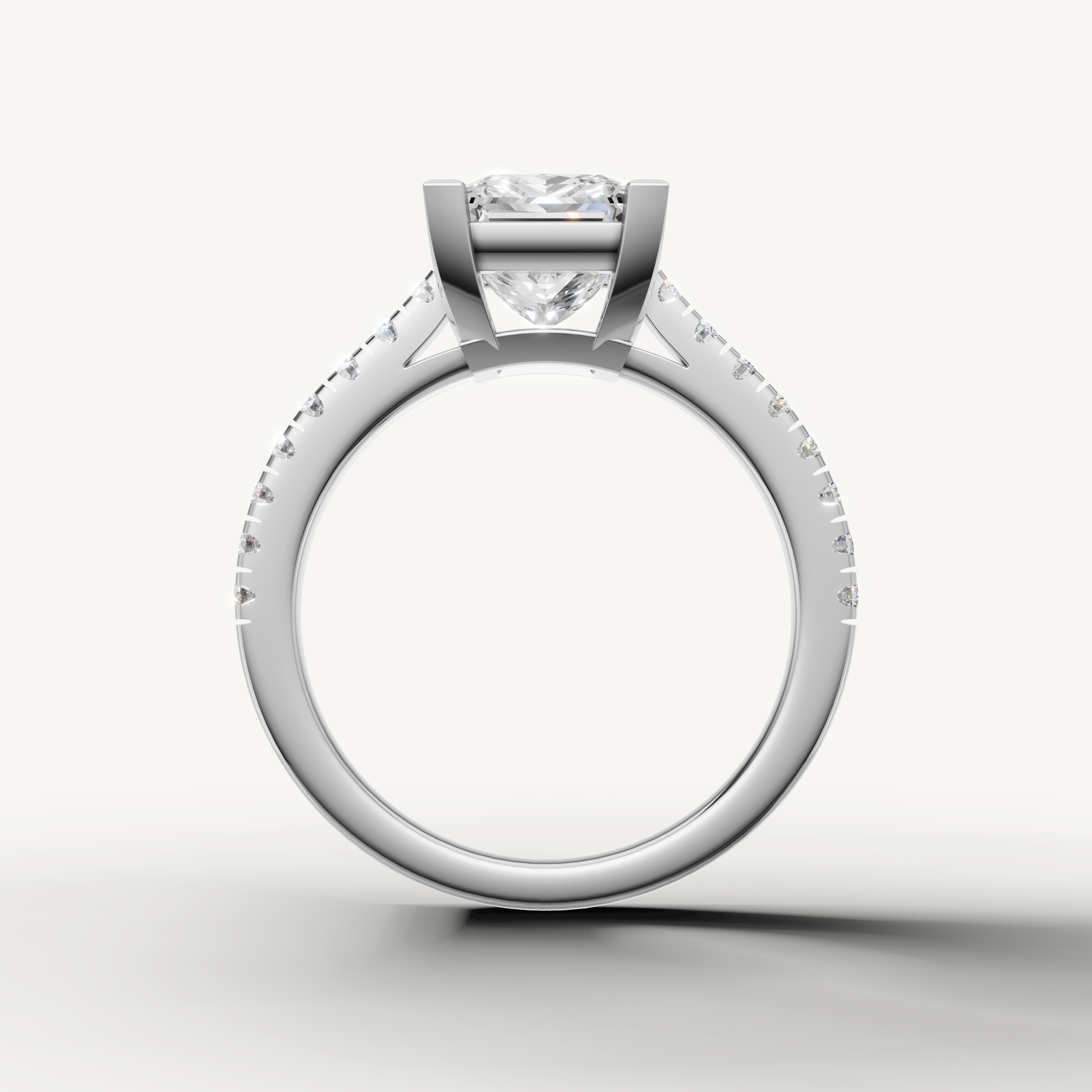Elegant white gold princess cut diamond engagement ring with timeless pavé detailing