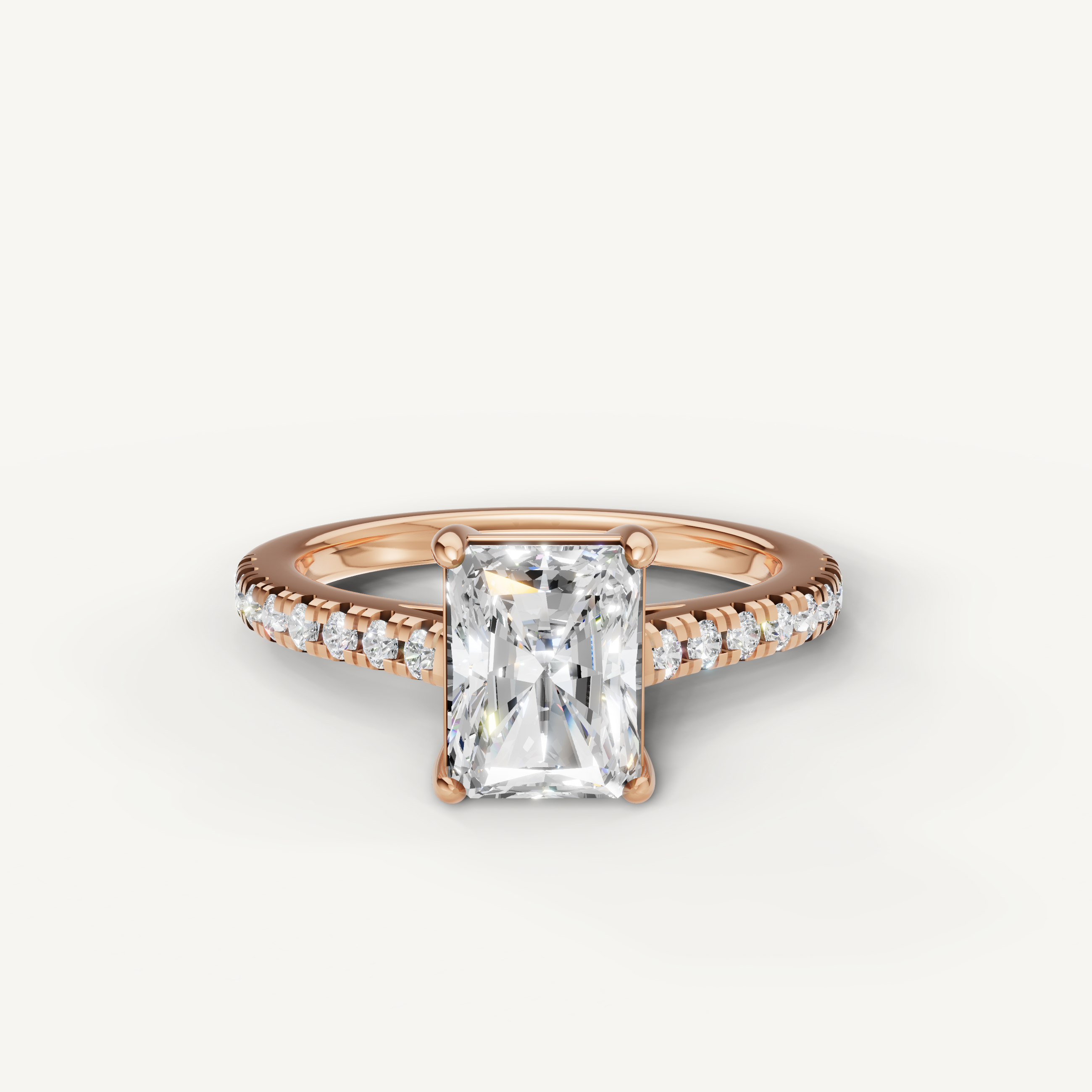 Radiant cut lab grown diamond engagement ring in 14K rose gold with pavé band