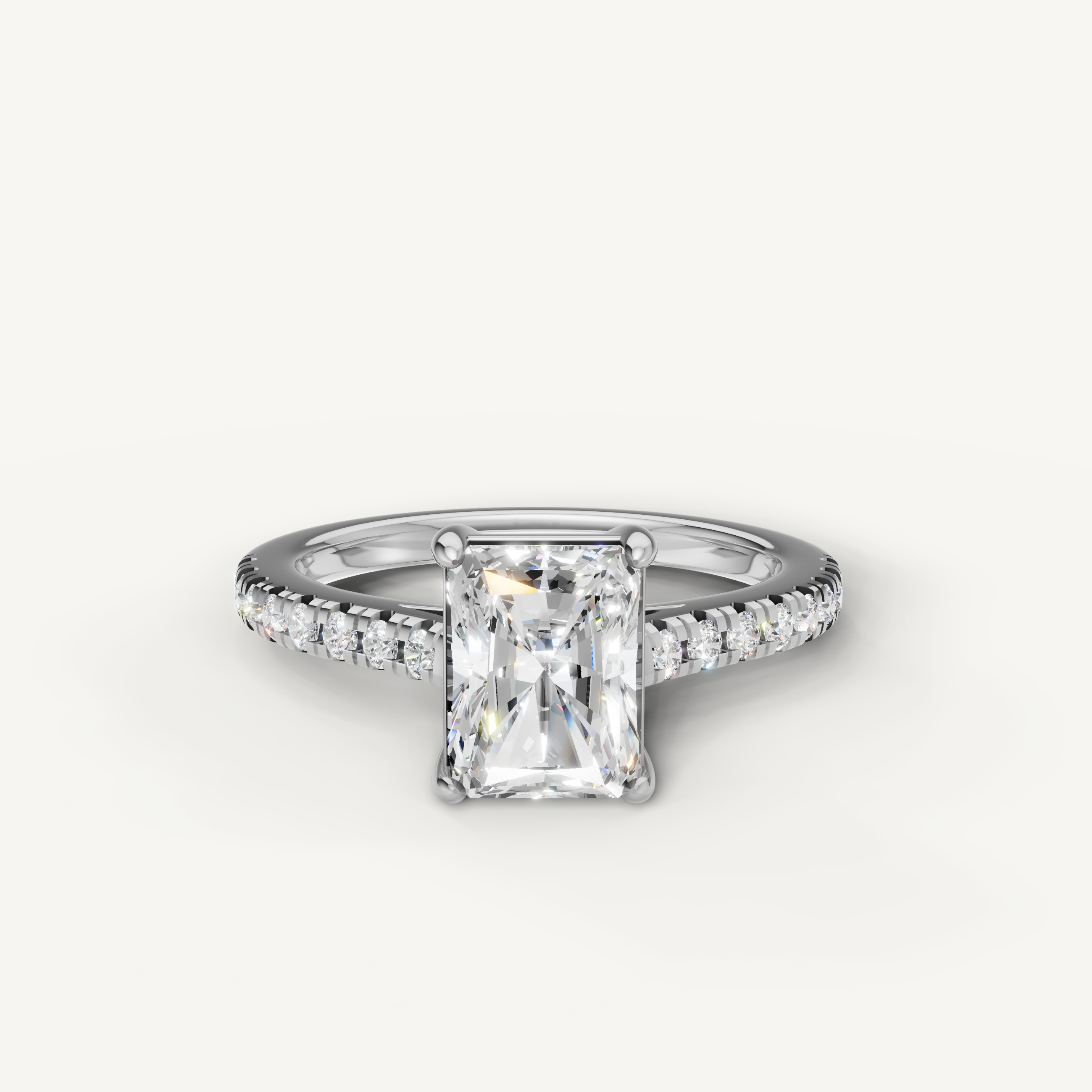 Radiant cut lab grown diamond engagement ring in 14K white gold with pavé band
