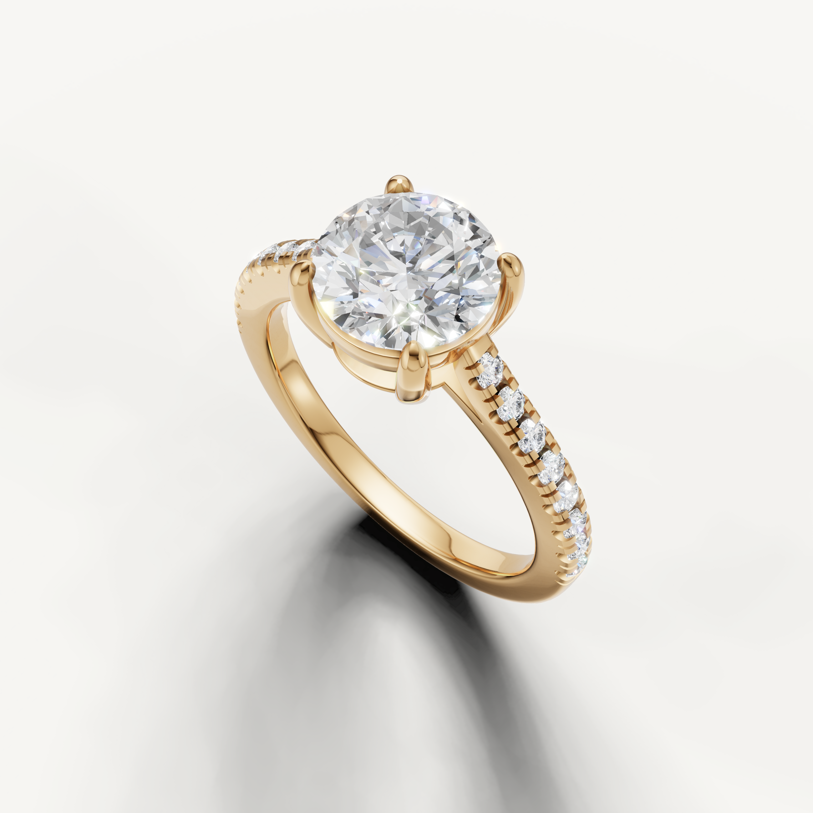 Round lab grown diamond ring in yellow gold with slim pavé band