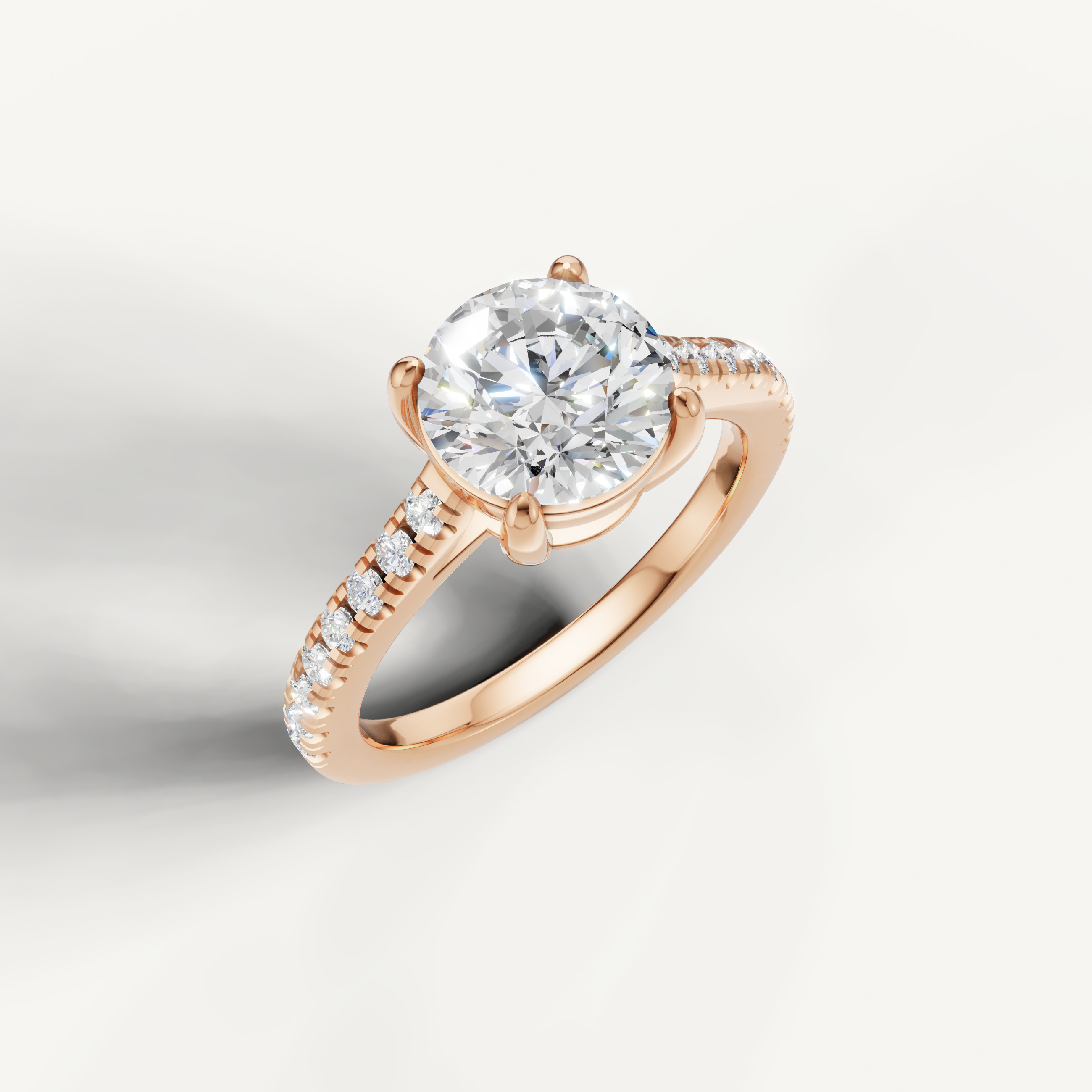 14K rose gold round diamond ring with micro pavé setting and elegant design