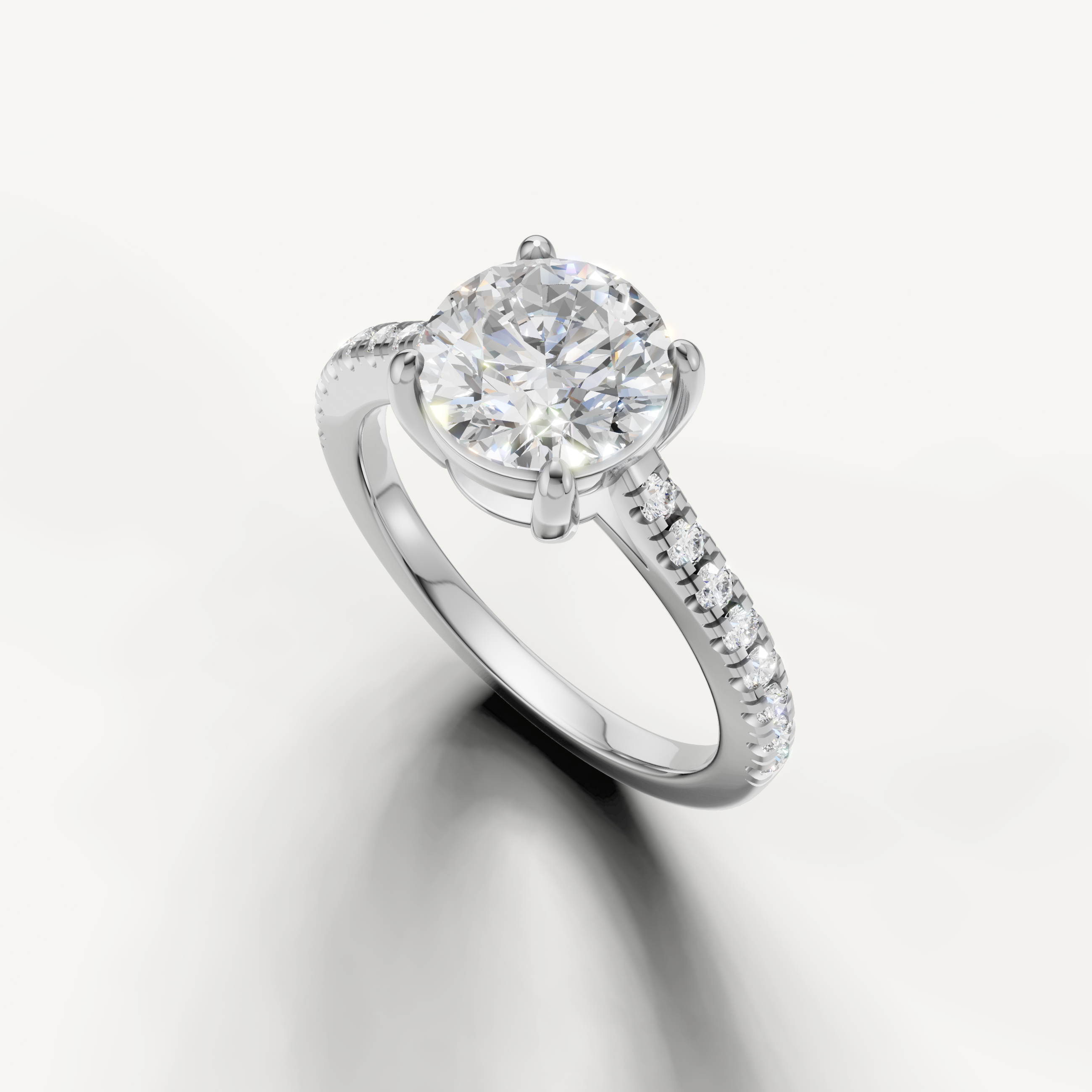 Round lab grown diamond ring in white gold with pavé band