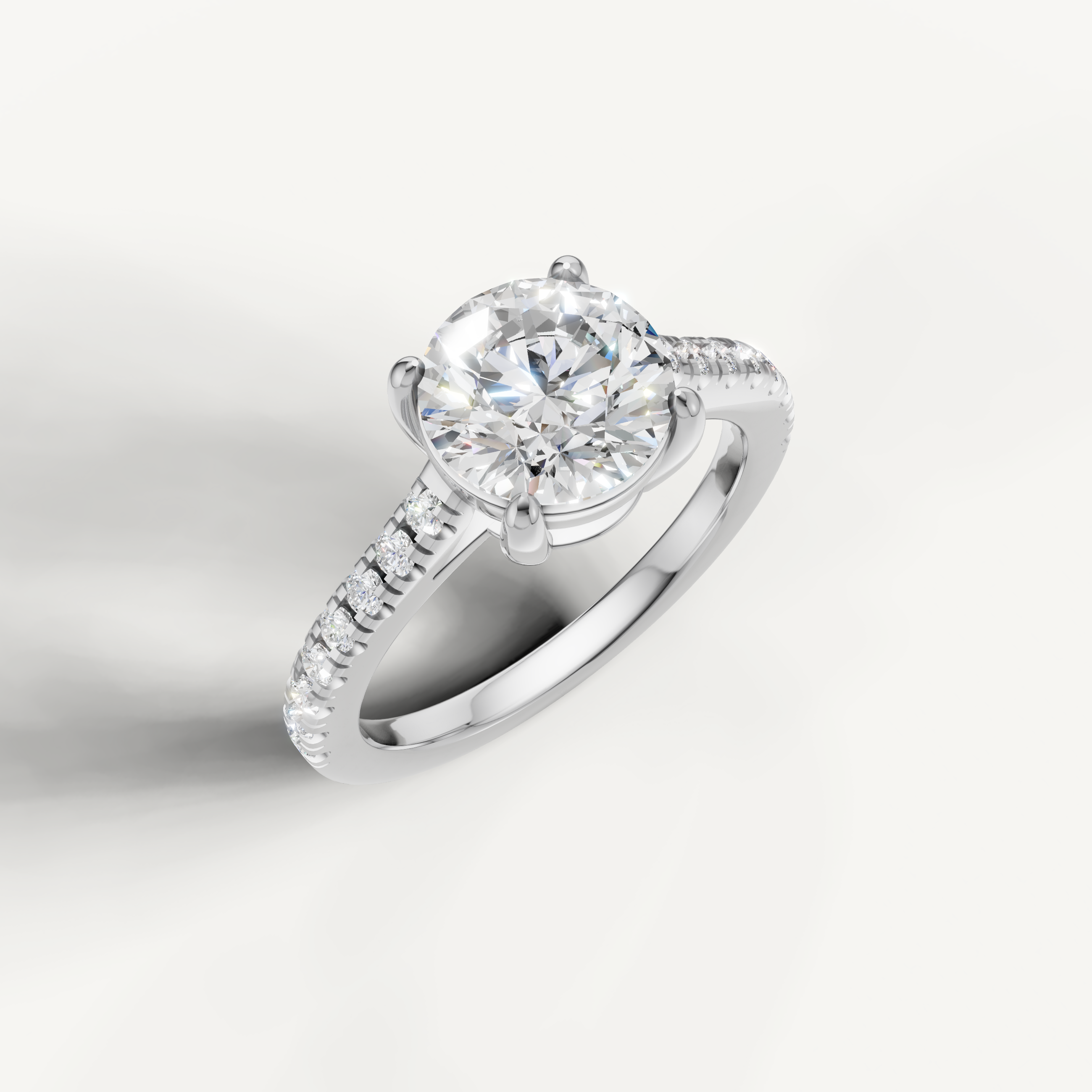 14K white gold round diamond ring with micro pavé diamonds and timeless style