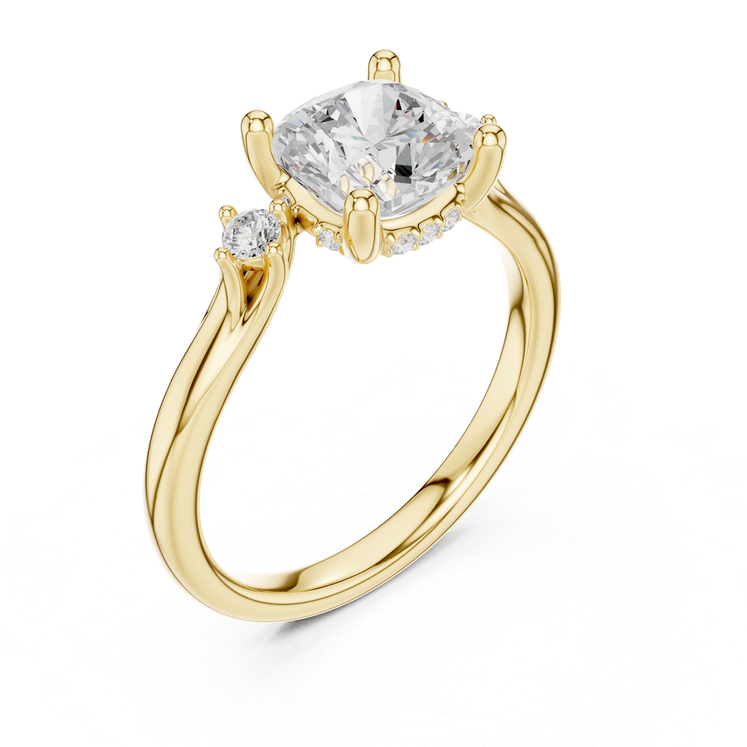 Three Stone Cushion Lab-Grown Diamond Engagement Ring with Hidden Halo