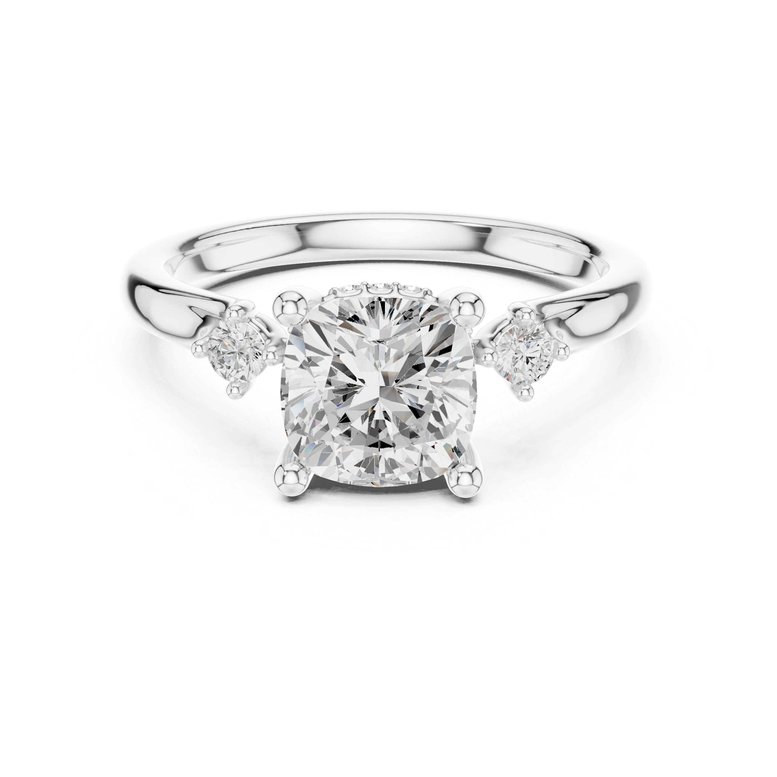 Three Stone Cushion Lab-Grown Diamond Engagement Ring with Hidden Halo