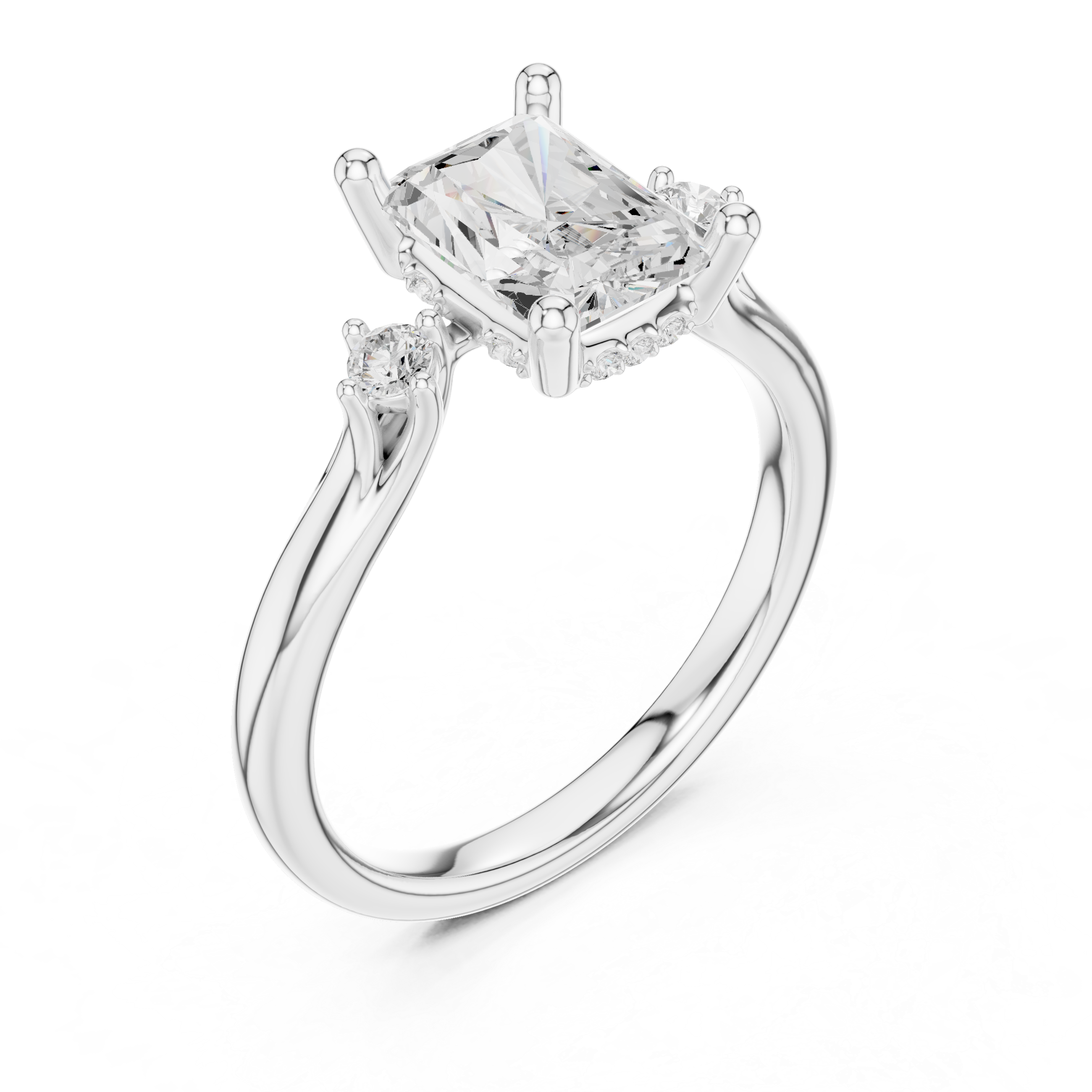 Lab-Grown Radiant Cut Diamond Three Stone Engagement Ring with Hidden Halo