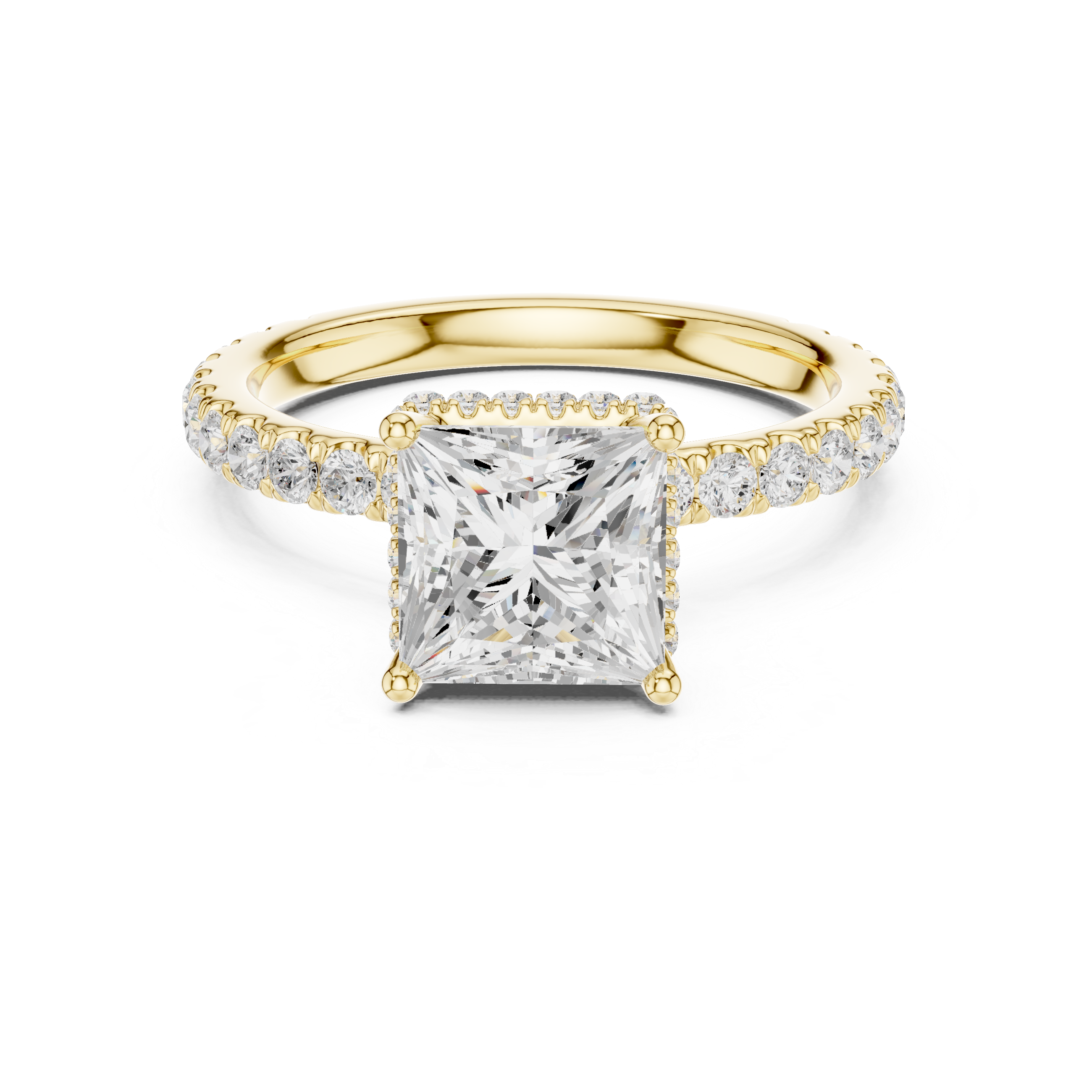 Princess cut lab diamond hidden halo engagement ring 14K gold