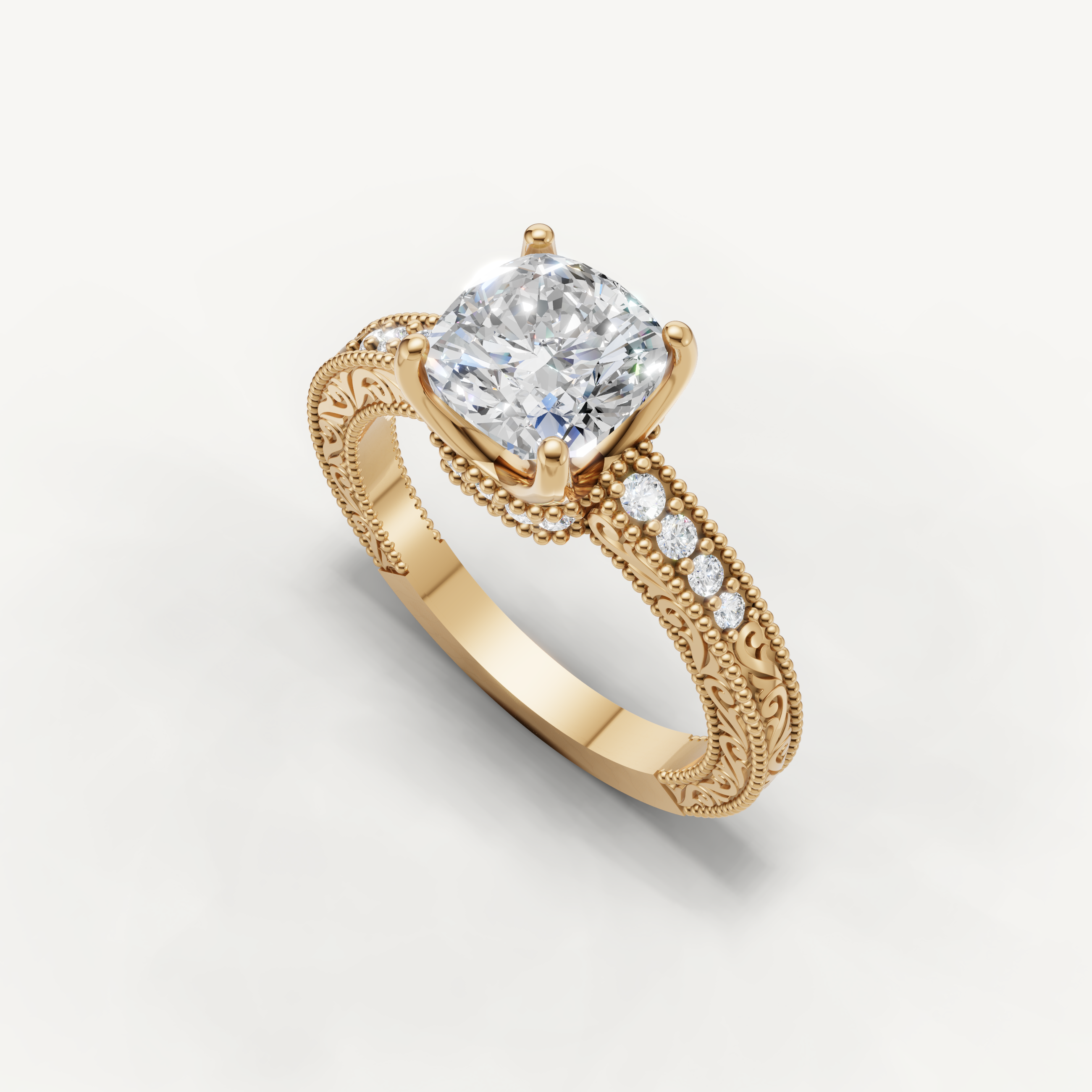 Luxury yellow gold round cut engagement ring with intricate vintage inspired band by Raul Diamonds