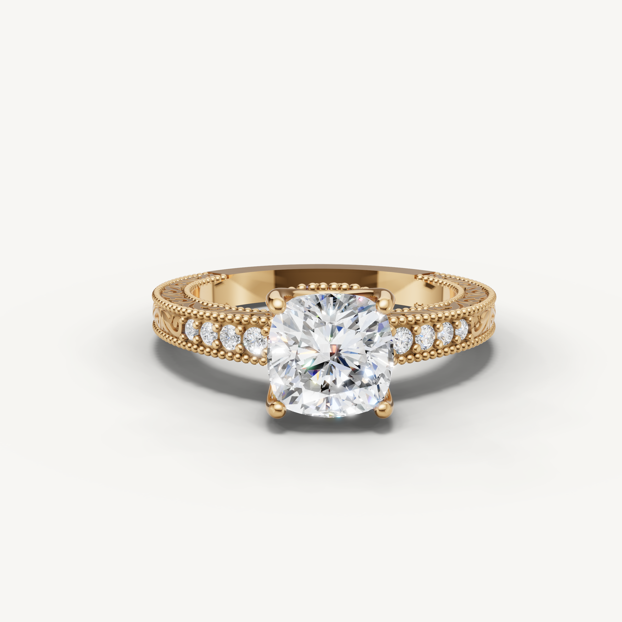 Yellow gold round cut lab grown diamond engagement ring with vintage milgrain band by Raul Diamonds