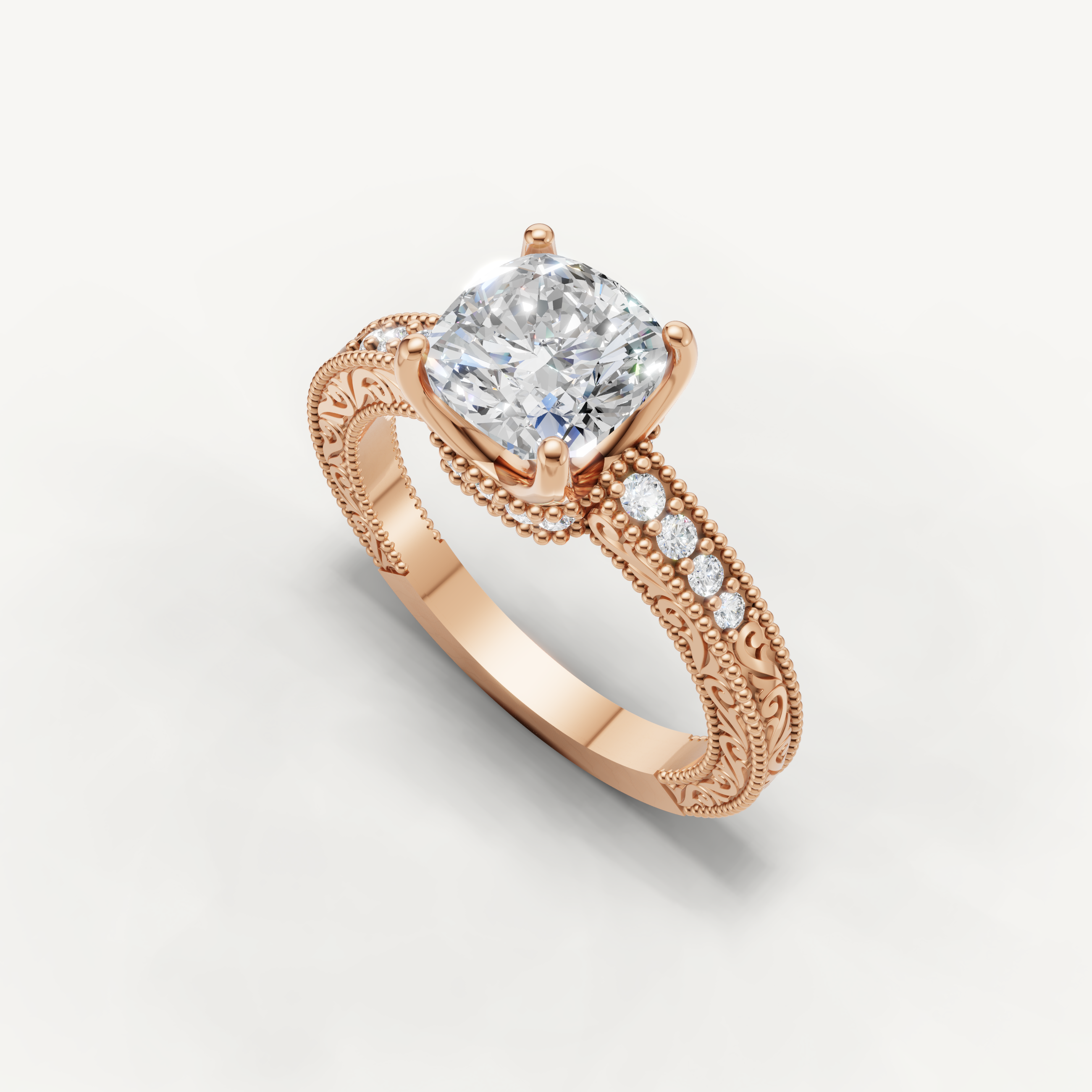 Luxury rose gold round cut lab grown diamond ring with intricate bridal styling by Raul Diamonds