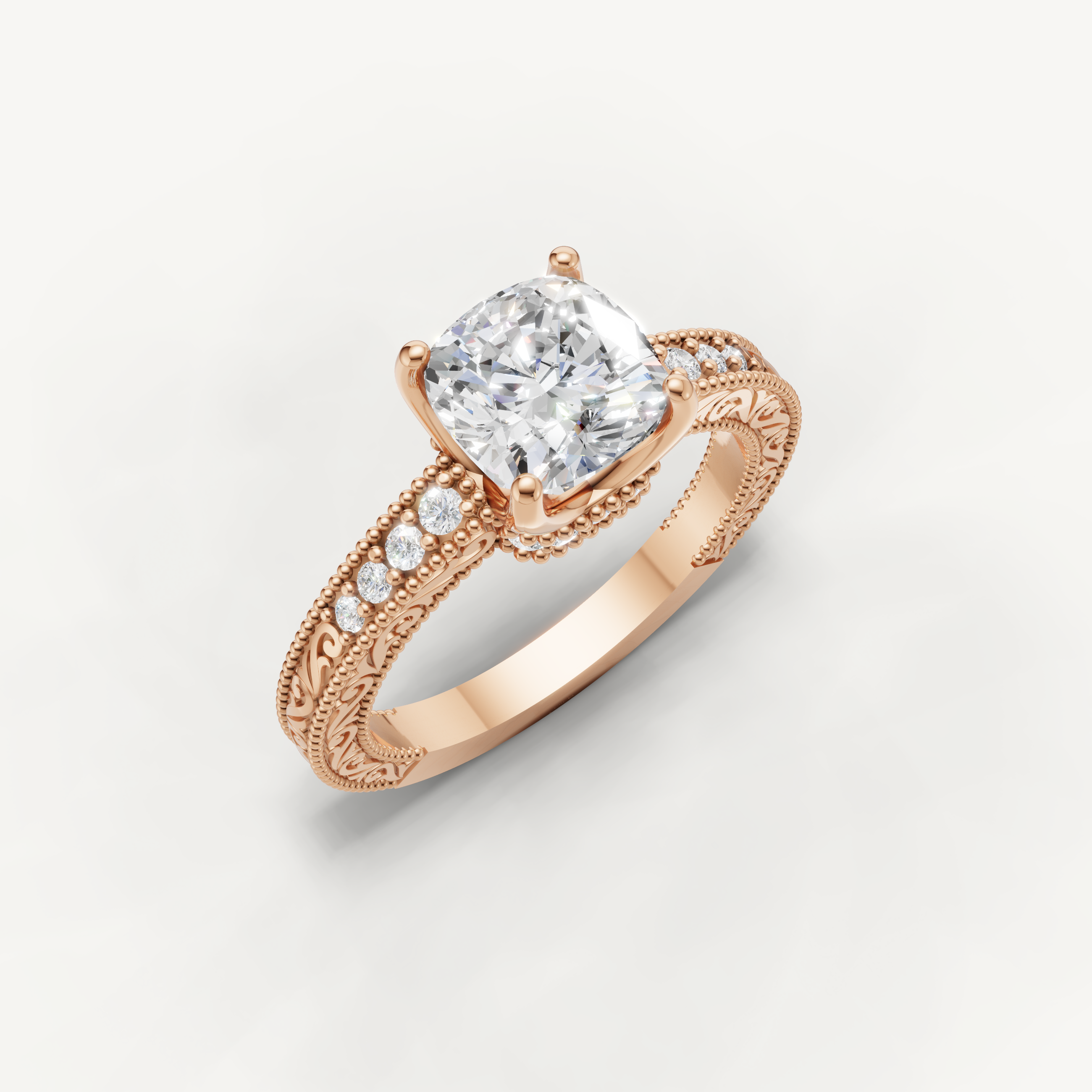 Elegant rose gold round solitaire engagement ring with pavé diamond band by Raul Diamonds