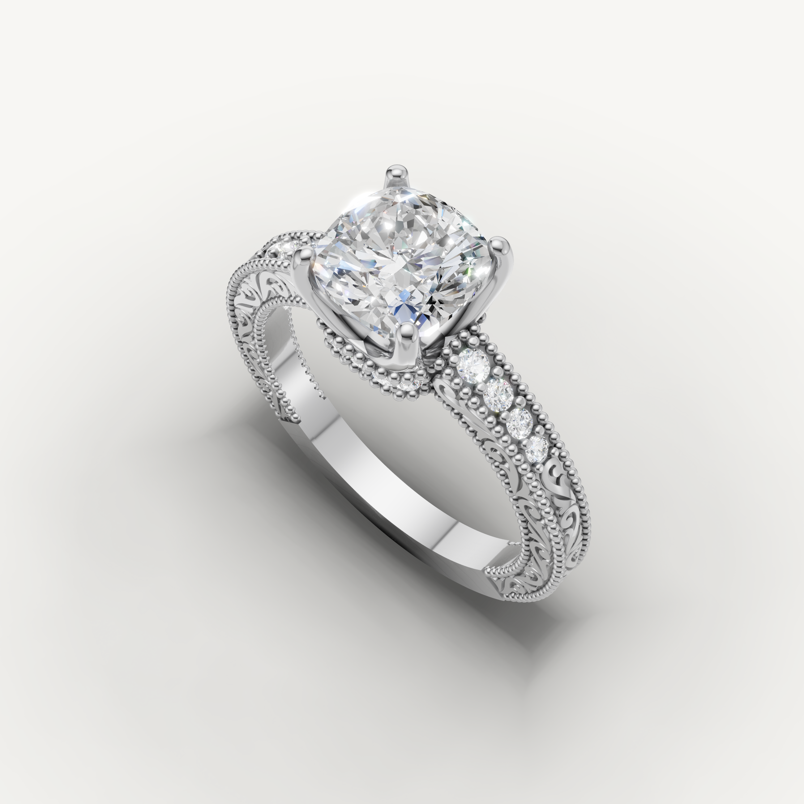 Luxury white gold round cut engagement ring with pavé diamond accents by Raul Diamonds