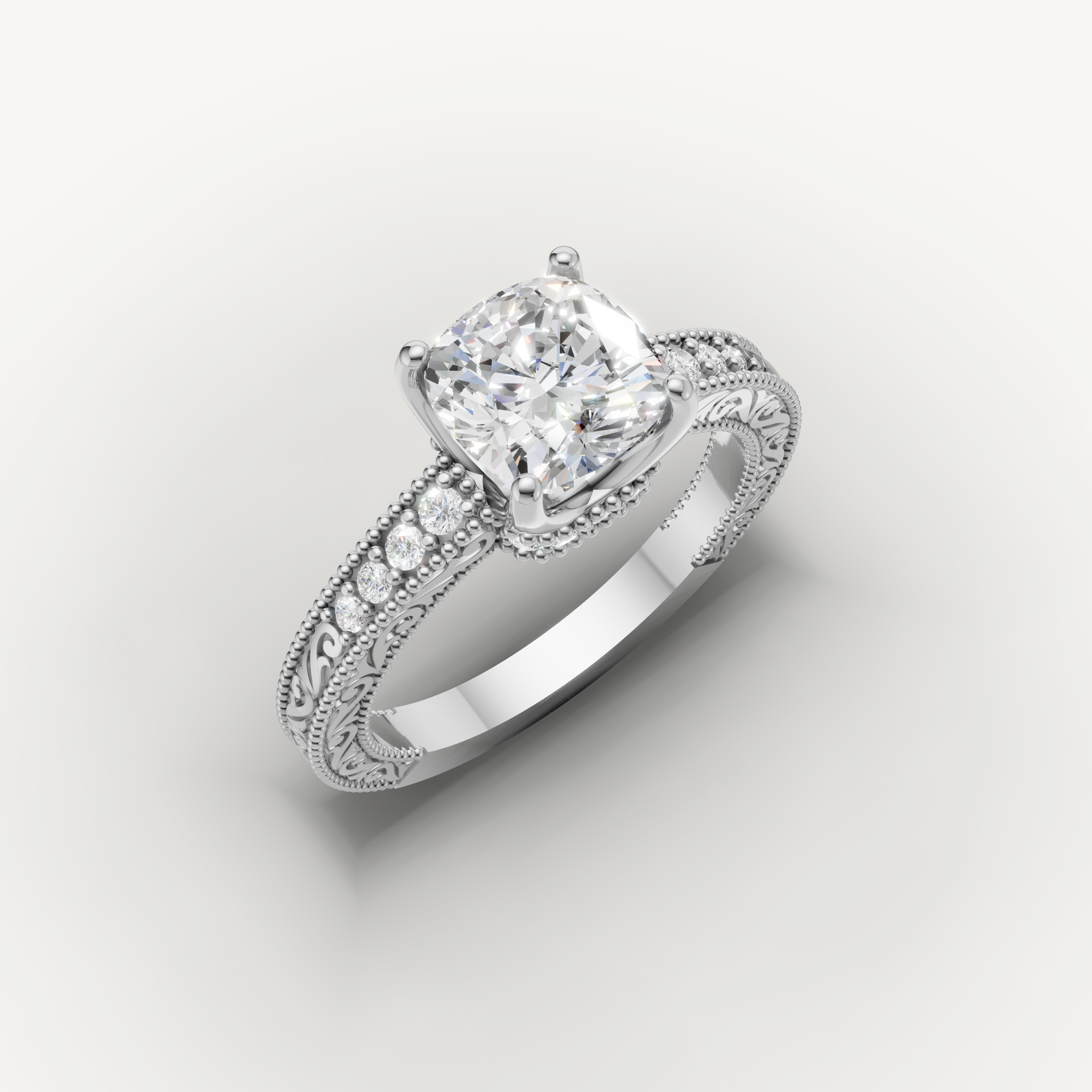 Elegant white gold round solitaire lab grown diamond ring with vintage detailing by Raul Diamonds