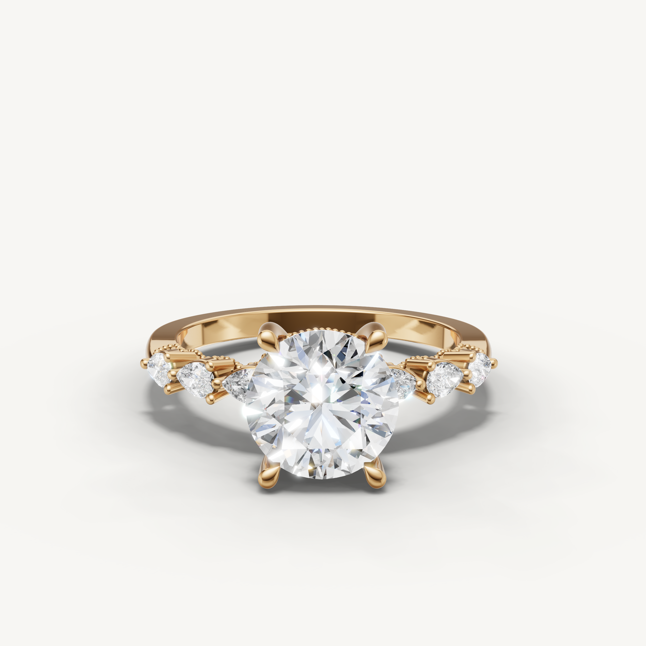 Yellow gold round cut lab grown diamond engagement ring with marquise side stones by Raul Diamonds