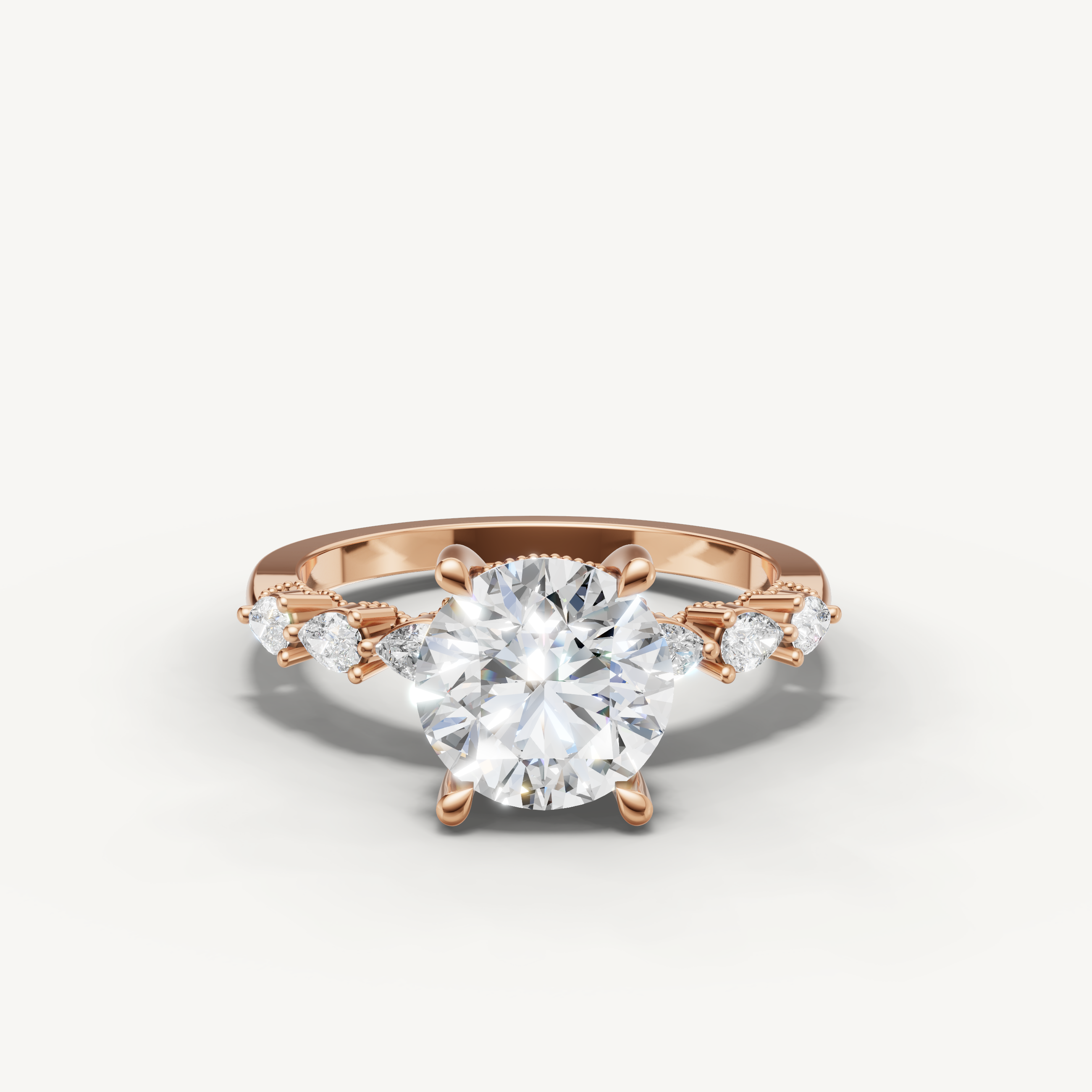 Rose gold round cut lab grown diamond engagement ring with marquise diamond accents by Raul Diamonds