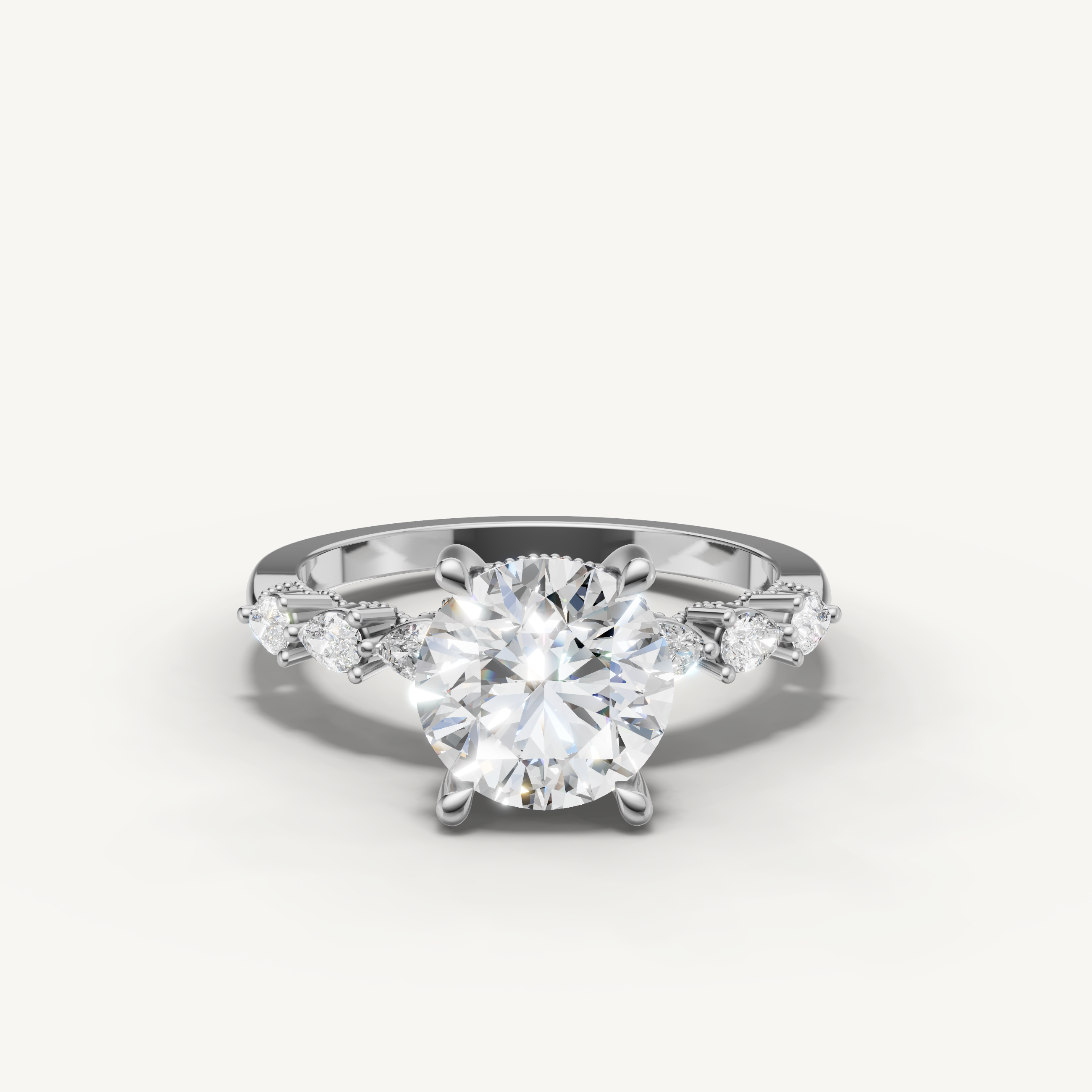 White gold round cut lab grown diamond engagement ring with marquise side stones by Raul Diamonds