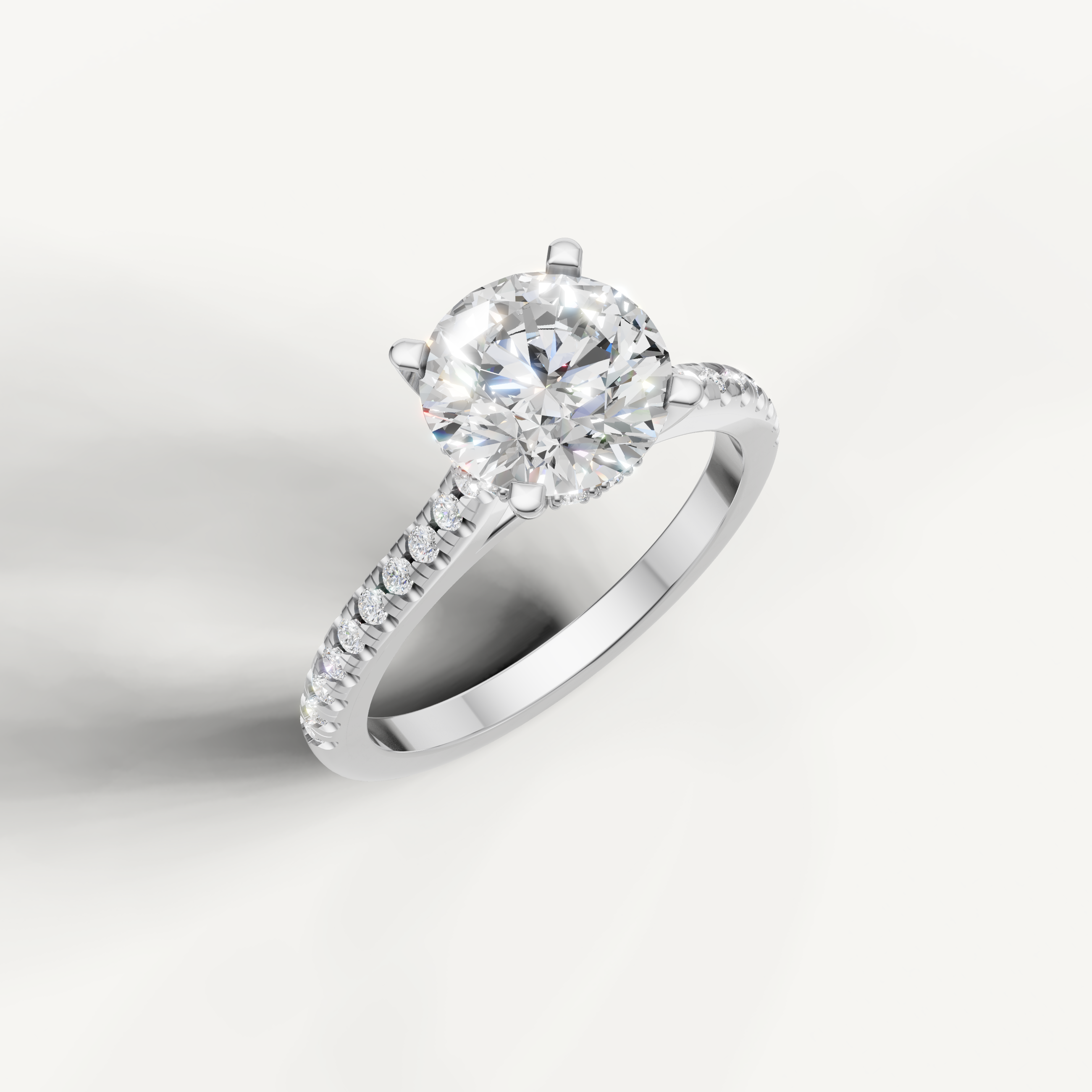 White Gold Round Diamond Engagement Ring with Pavé Band – Raul Diamonds