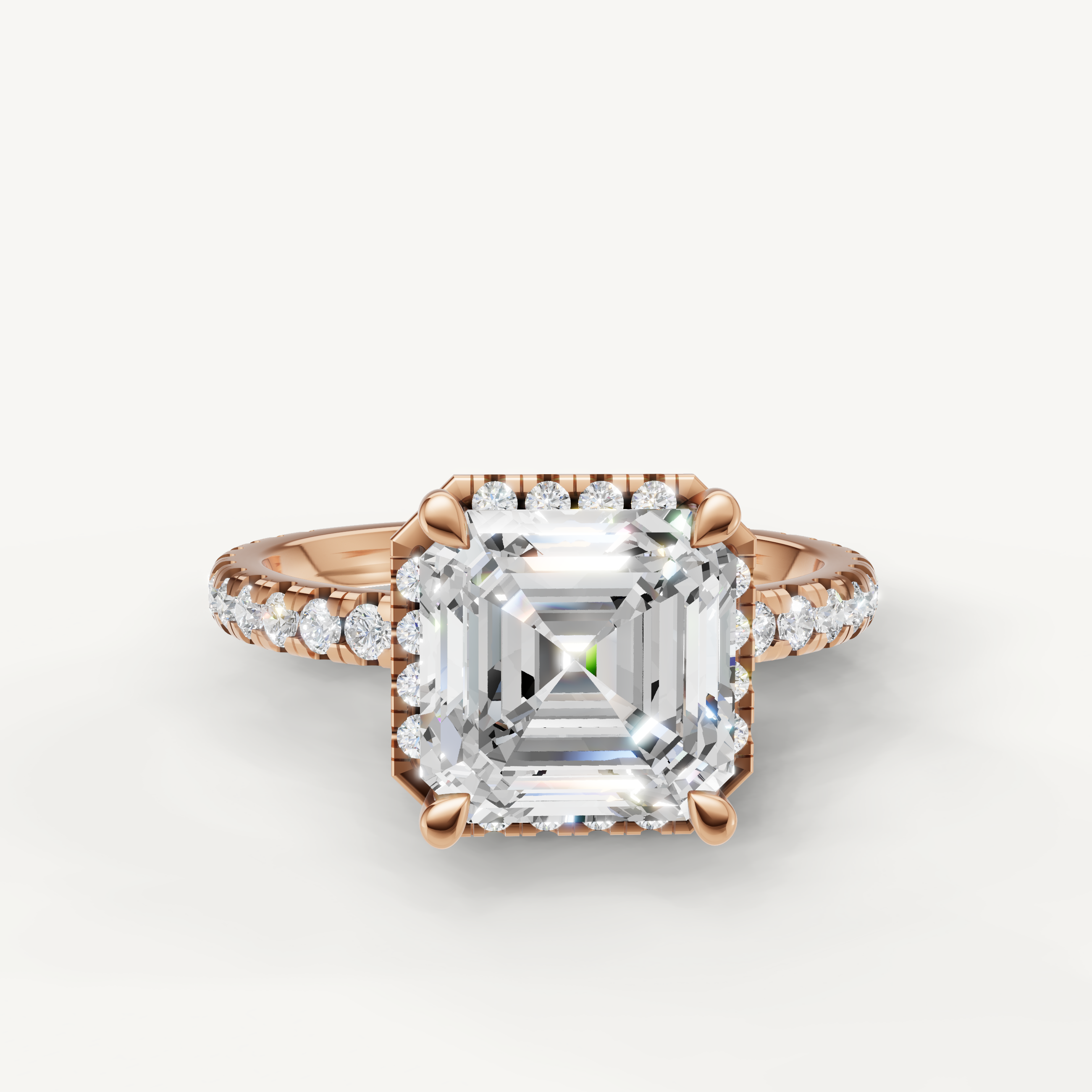 Raul Diamonds rose gold asscher cut halo engagement ring with pavé diamond band