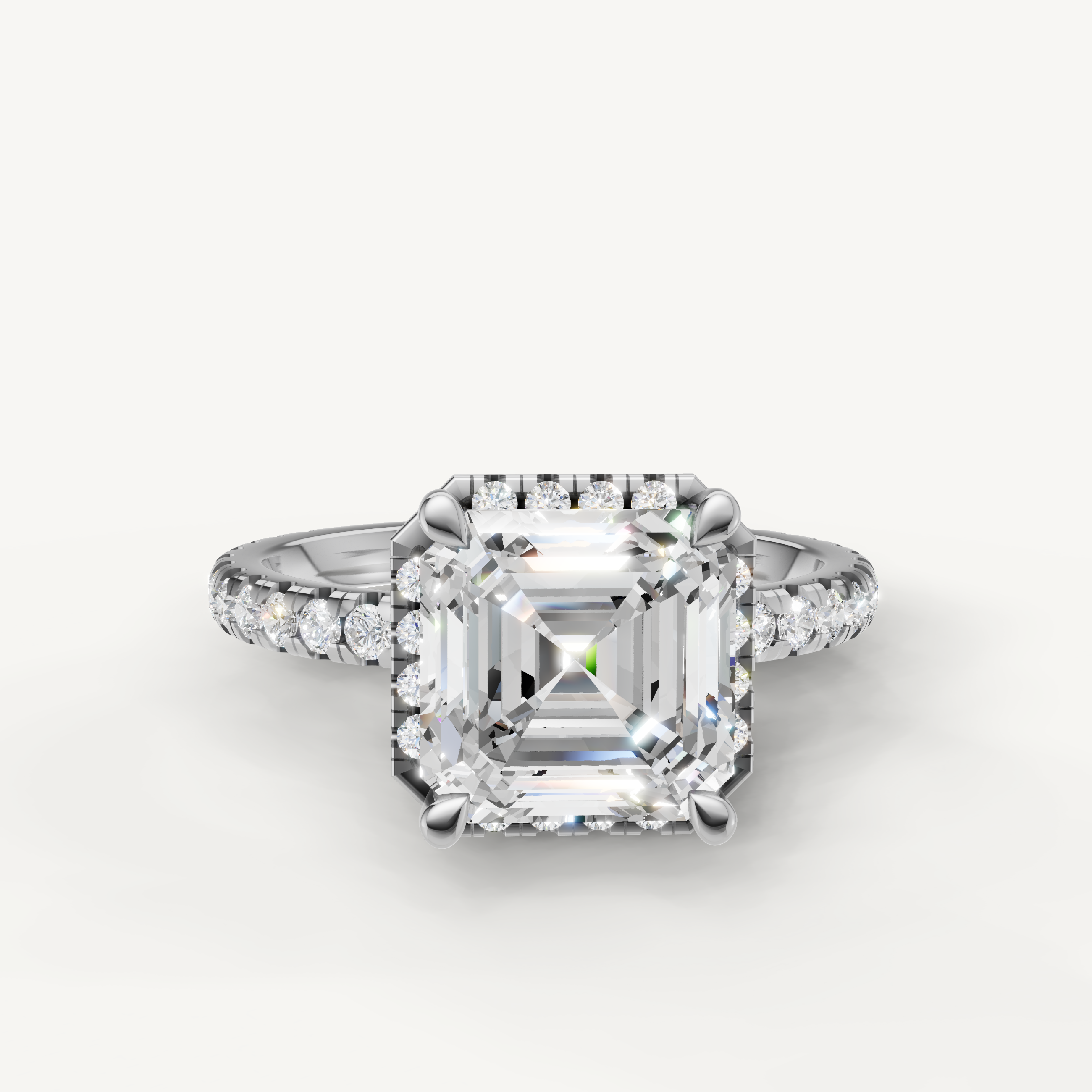 Raul Diamonds white gold asscher cut halo engagement ring with pavé diamond band