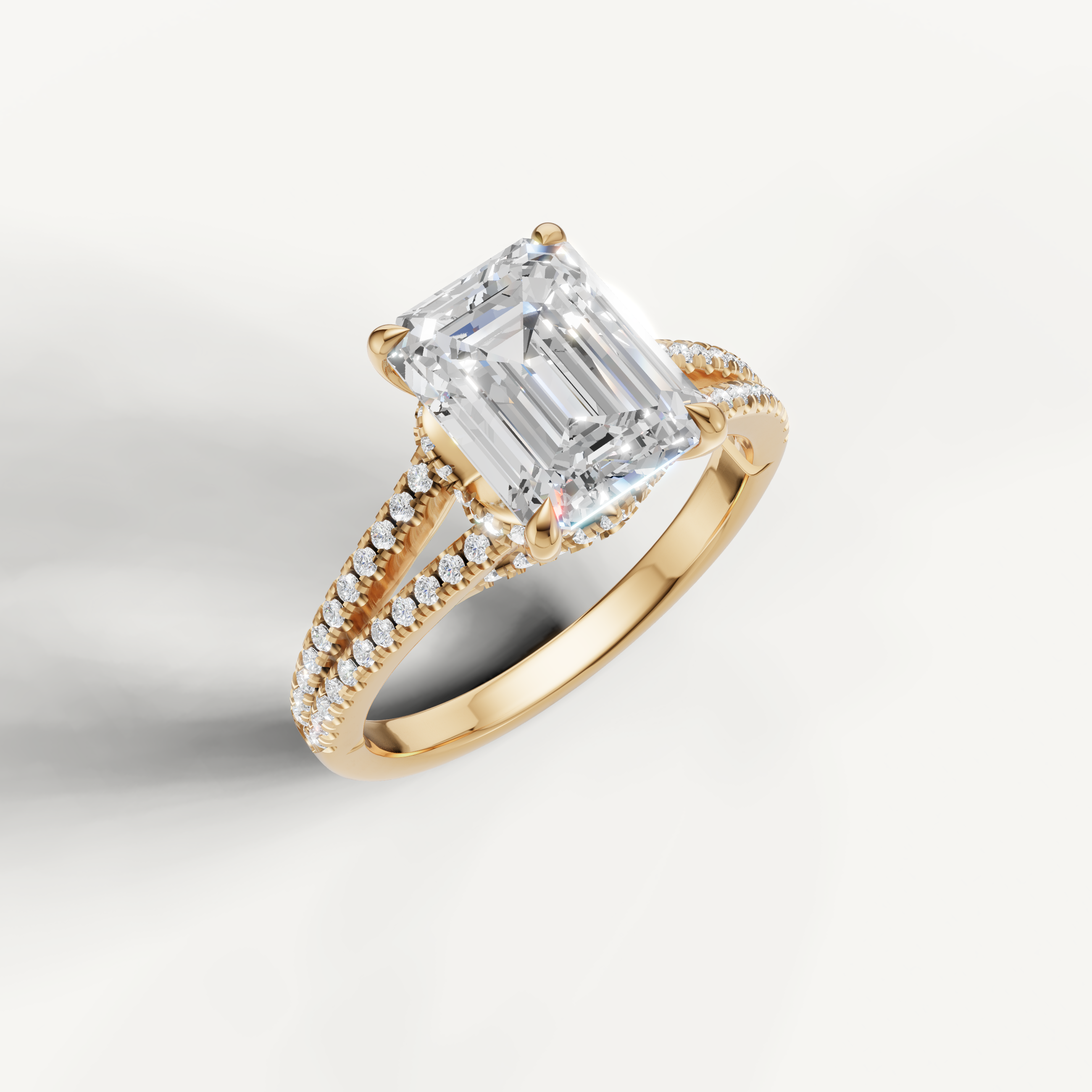 14K Yellow Gold Emerald Lab Diamond Split Shank Ring with Pavé Band – Raul Diamonds