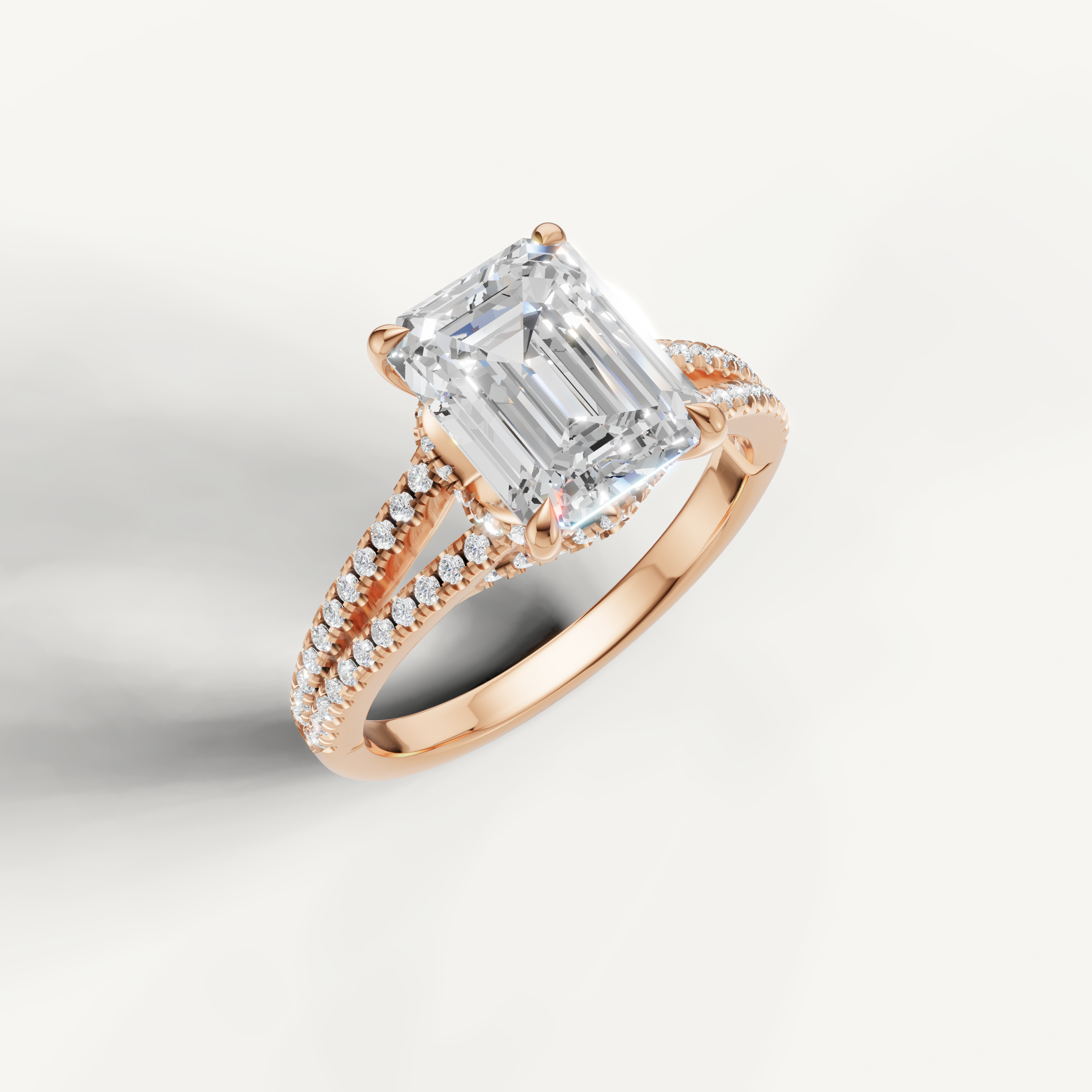 Elegant Emerald Lab Diamond Split Shank Ring in 14K Rose Gold – Raul Diamonds