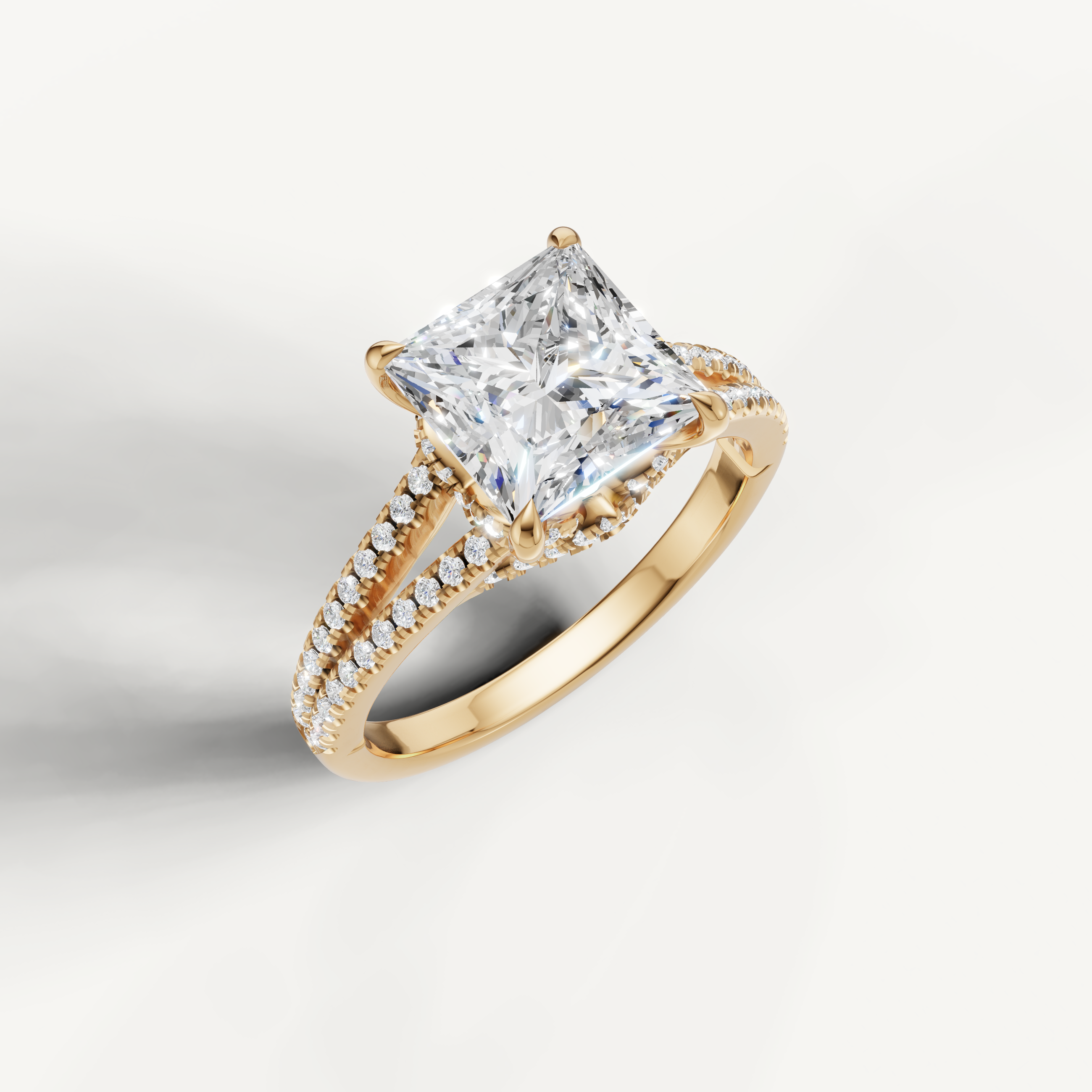 14K Yellow Gold Princess Lab Diamond Split Shank Ring with Pavé Band – Raul Diamonds