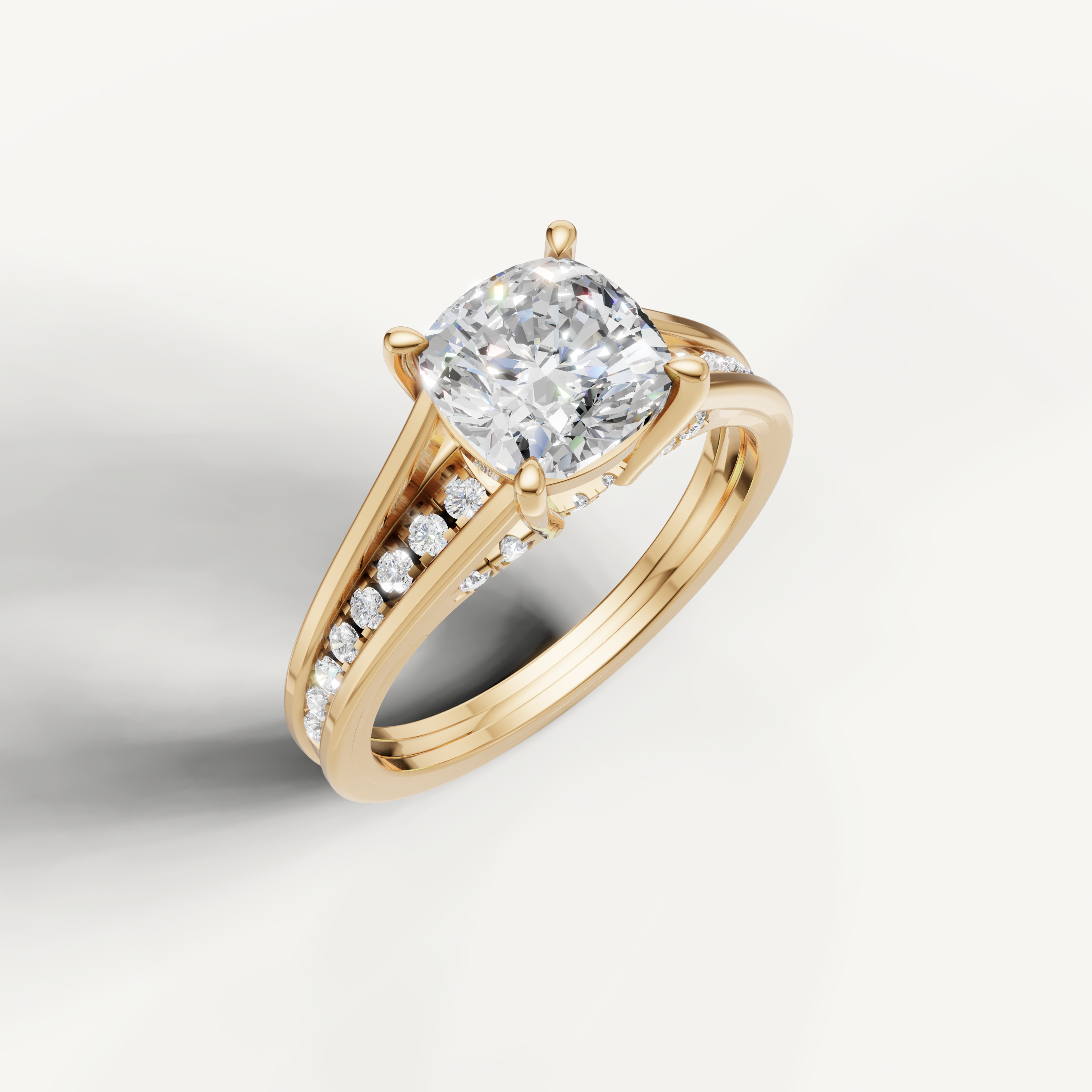14K Yellow Gold Cushion Lab Diamond Ring with Split Pavé Band – Raul Diamonds