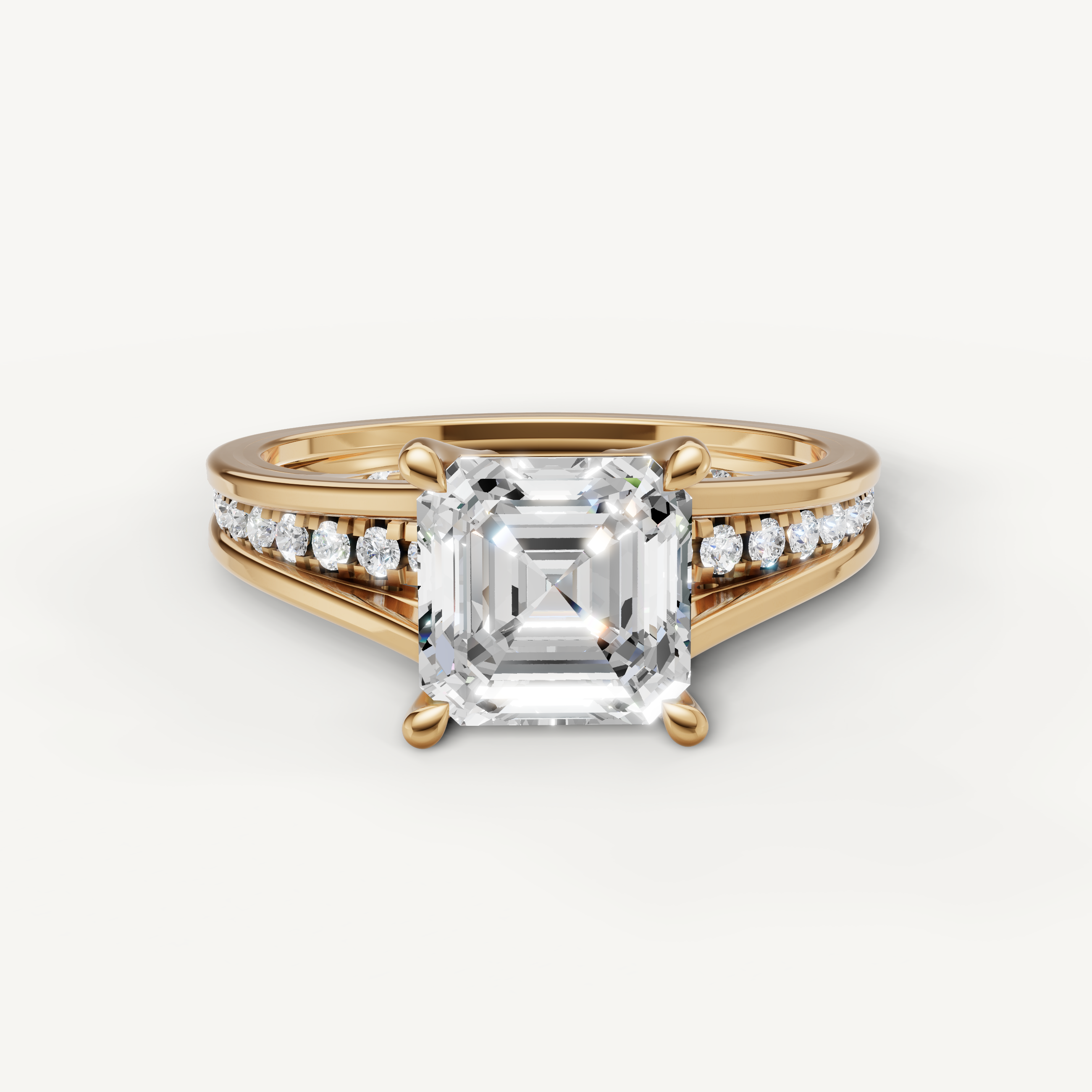 Raul Diamonds yellow gold asscher cut engagement ring with split shank diamond band