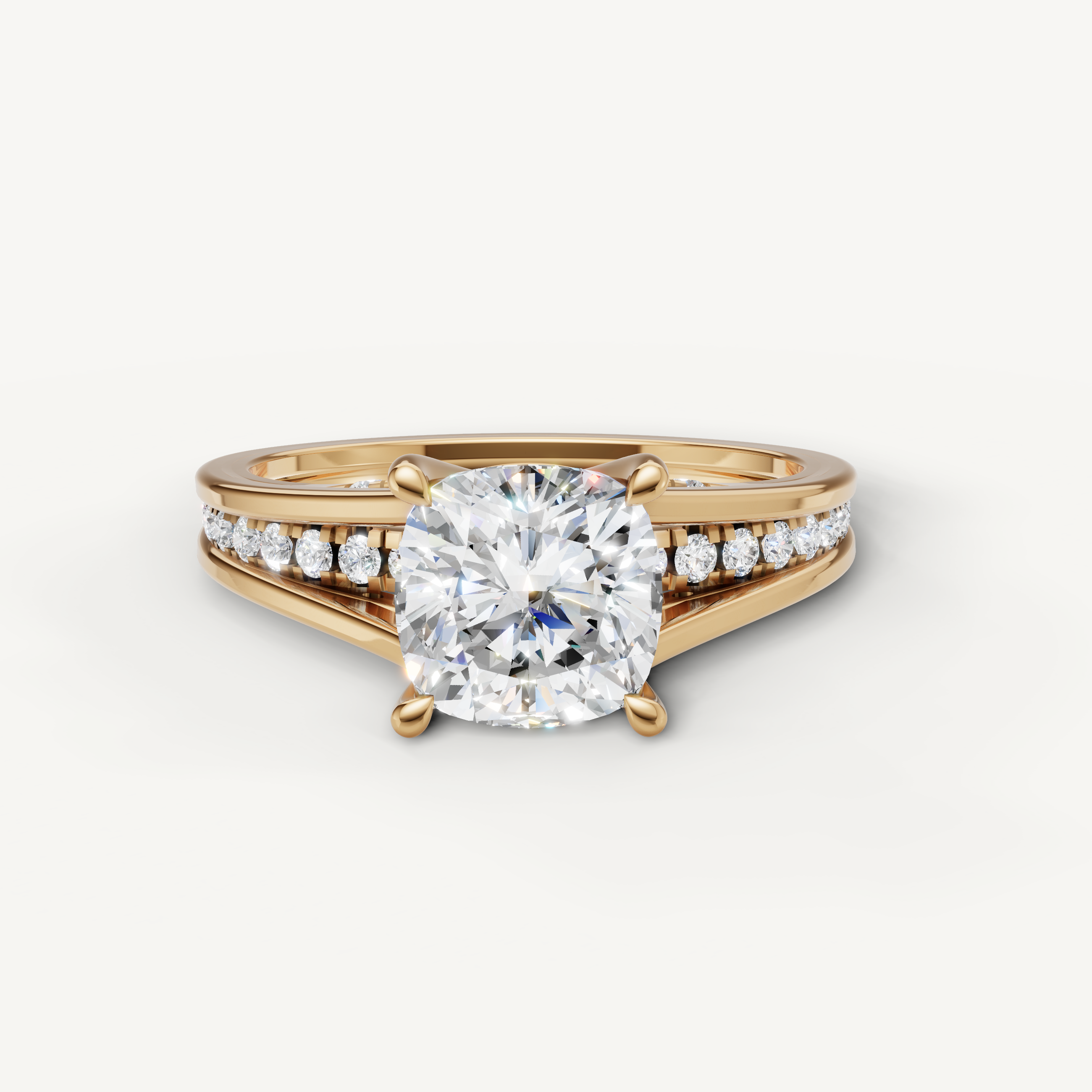 Raul Diamonds cushion cut lab grown diamond engagement ring in 14k yellow gold with pavé band