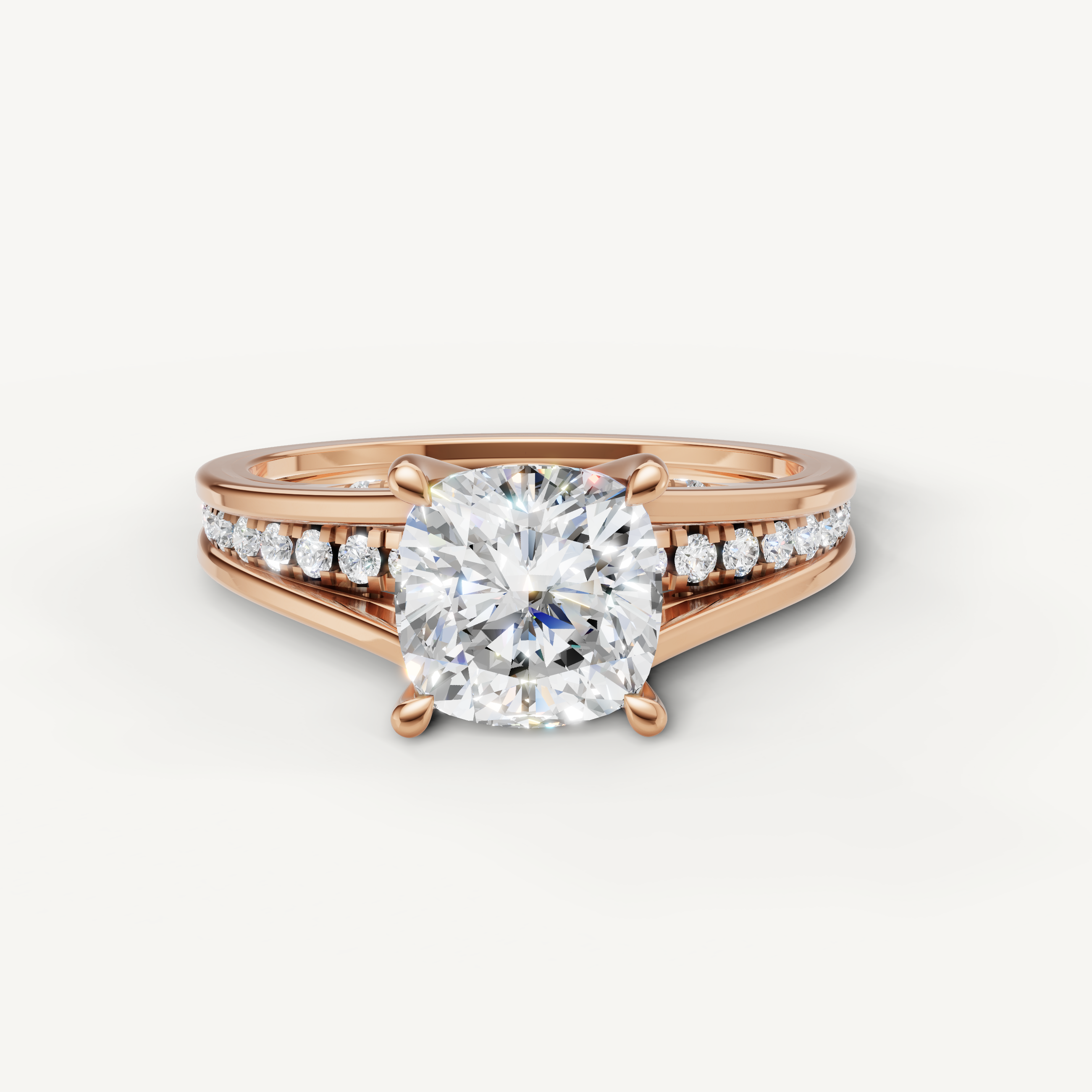 Raul Diamonds rose gold cushion cut engagement ring with split shank diamond band
