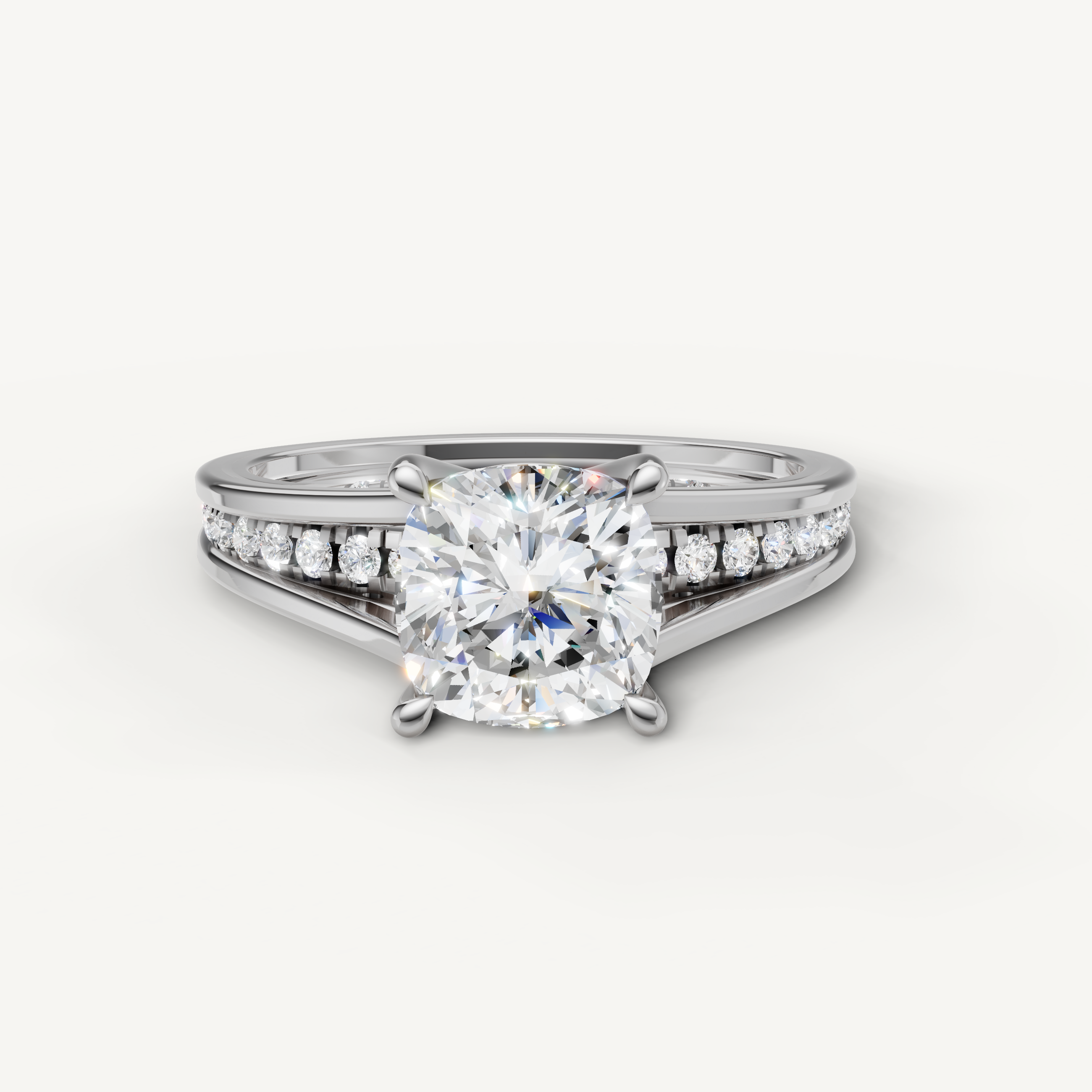 Raul Diamonds white gold cushion cut engagement ring with split shank diamond band