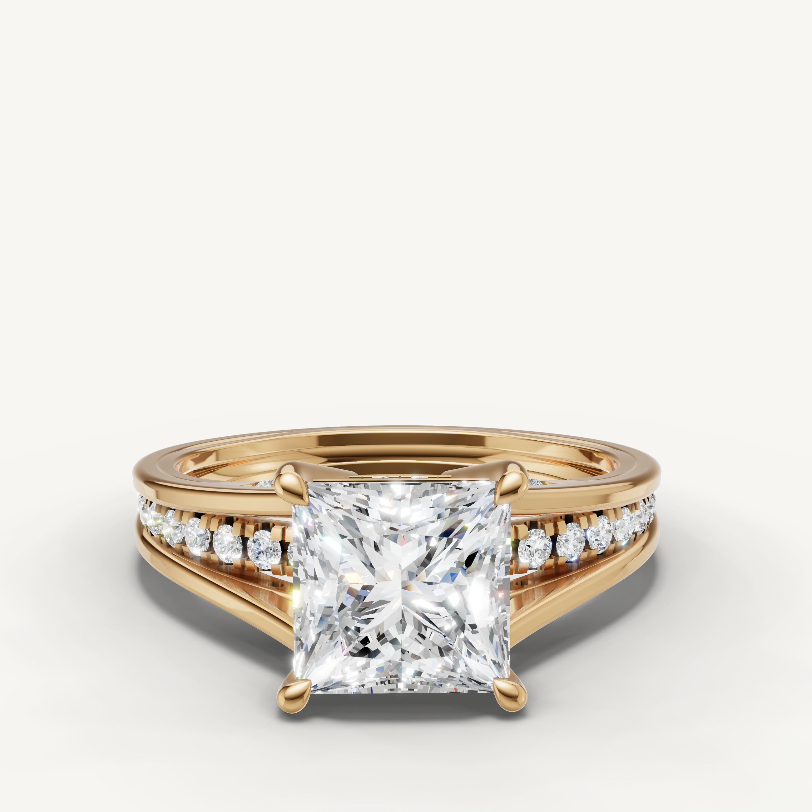 Yellow gold princess cut lab grown diamond engagement ring with split shank pavé band by Raul Diamonds