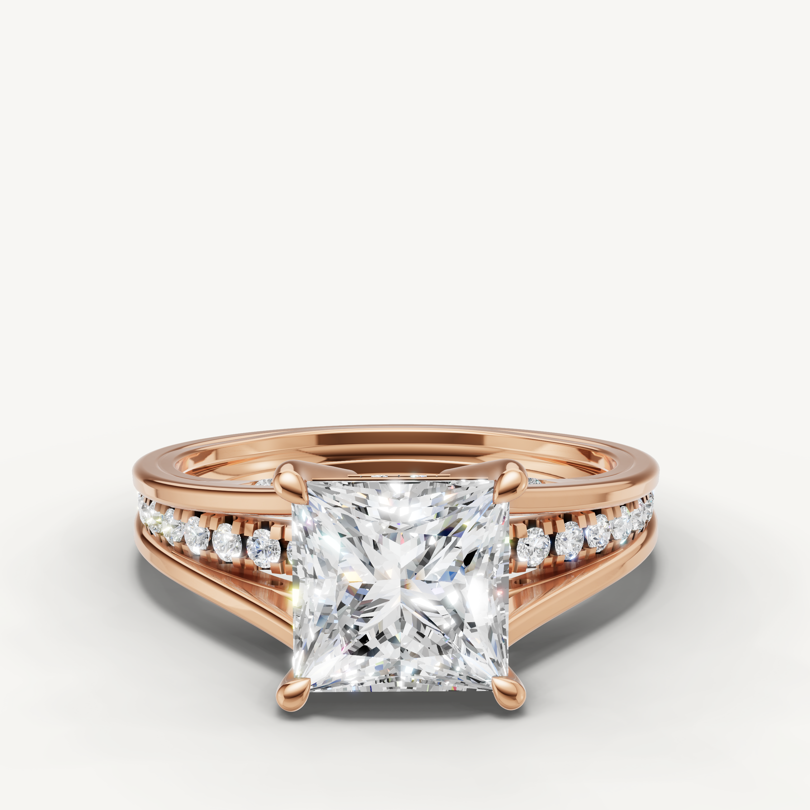 Rose gold princess cut lab grown diamond engagement ring with split shank pavé band by Raul Diamonds
