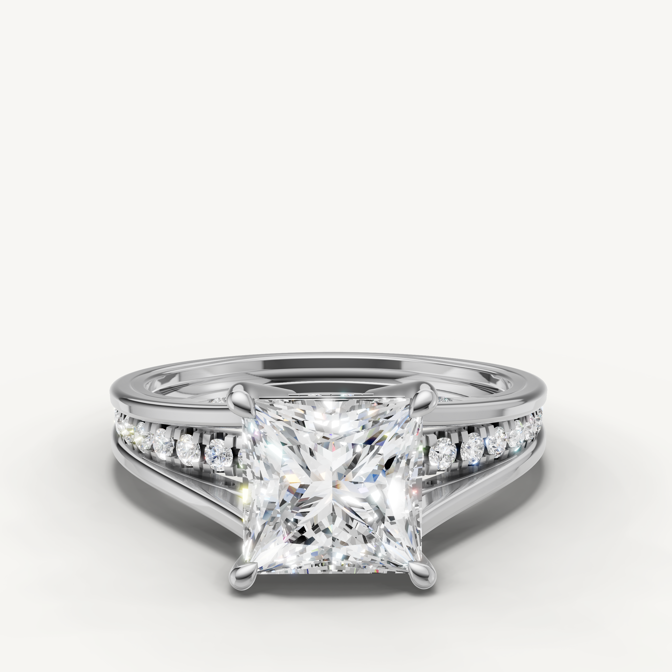 White gold princess cut lab grown diamond engagement ring with split shank pavé band by Raul Diamonds