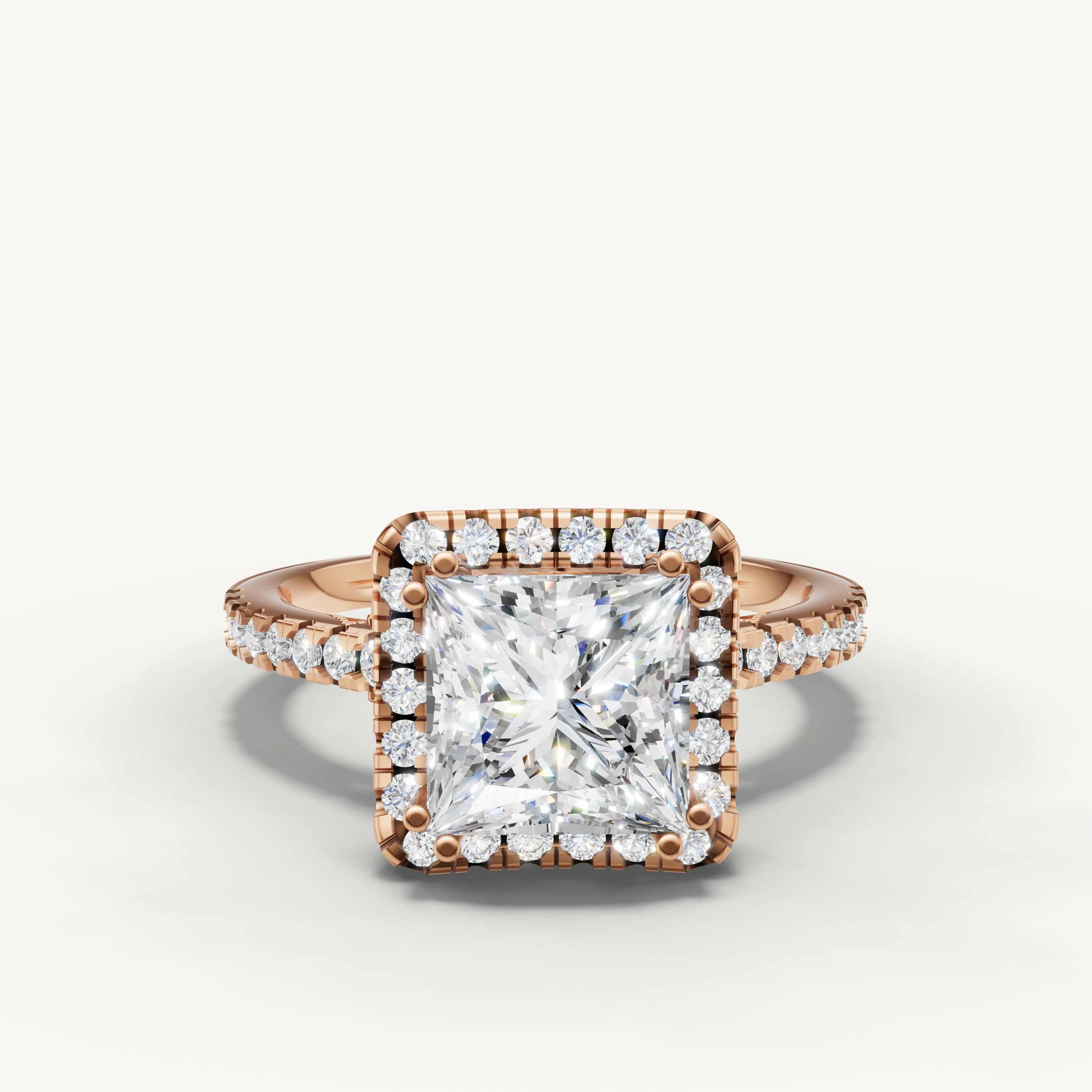 Rose gold princess cut halo lab grown diamond engagement ring with pavé diamonds by Raul Diamonds