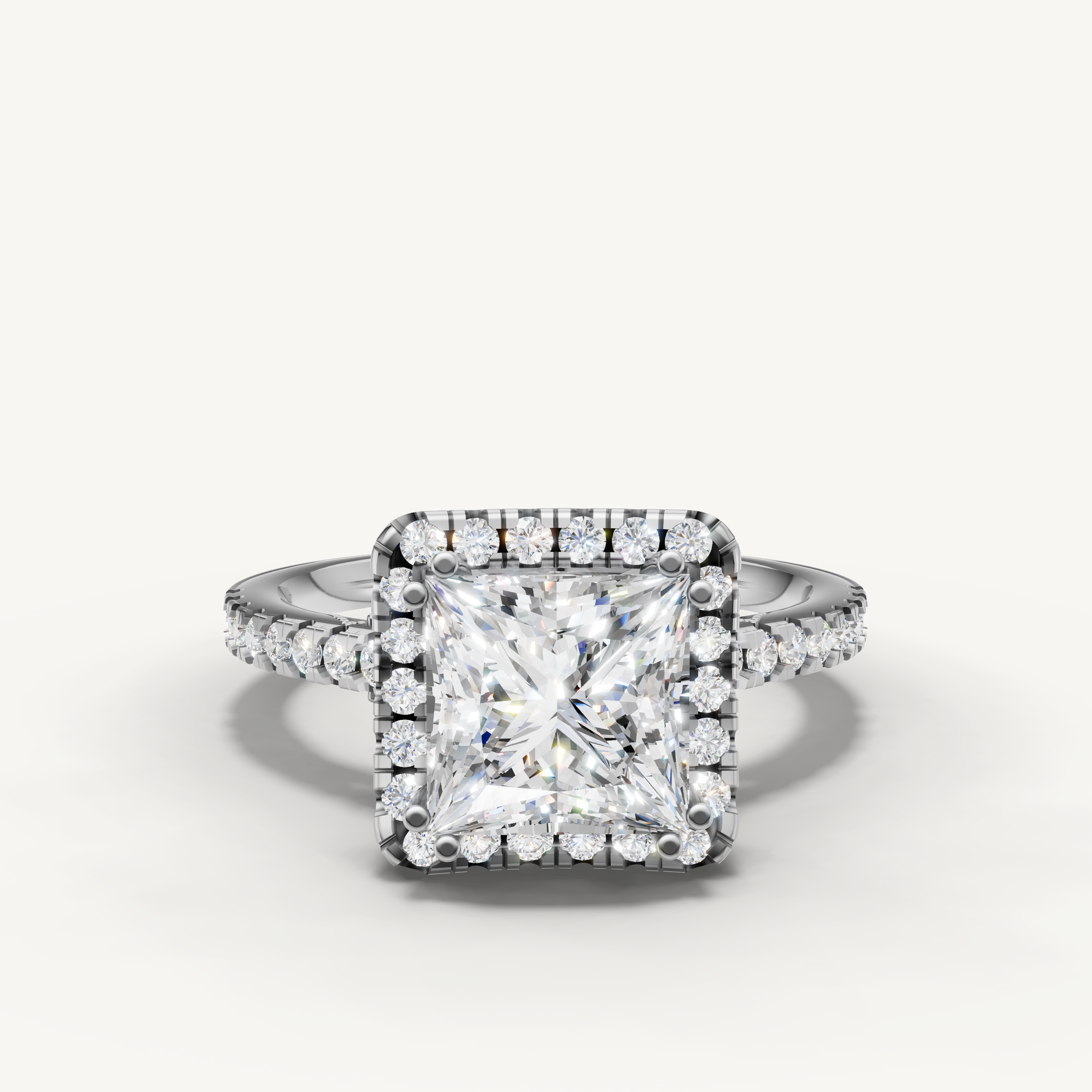 White gold princess cut halo lab grown diamond engagement ring with pavé band by Raul Diamonds