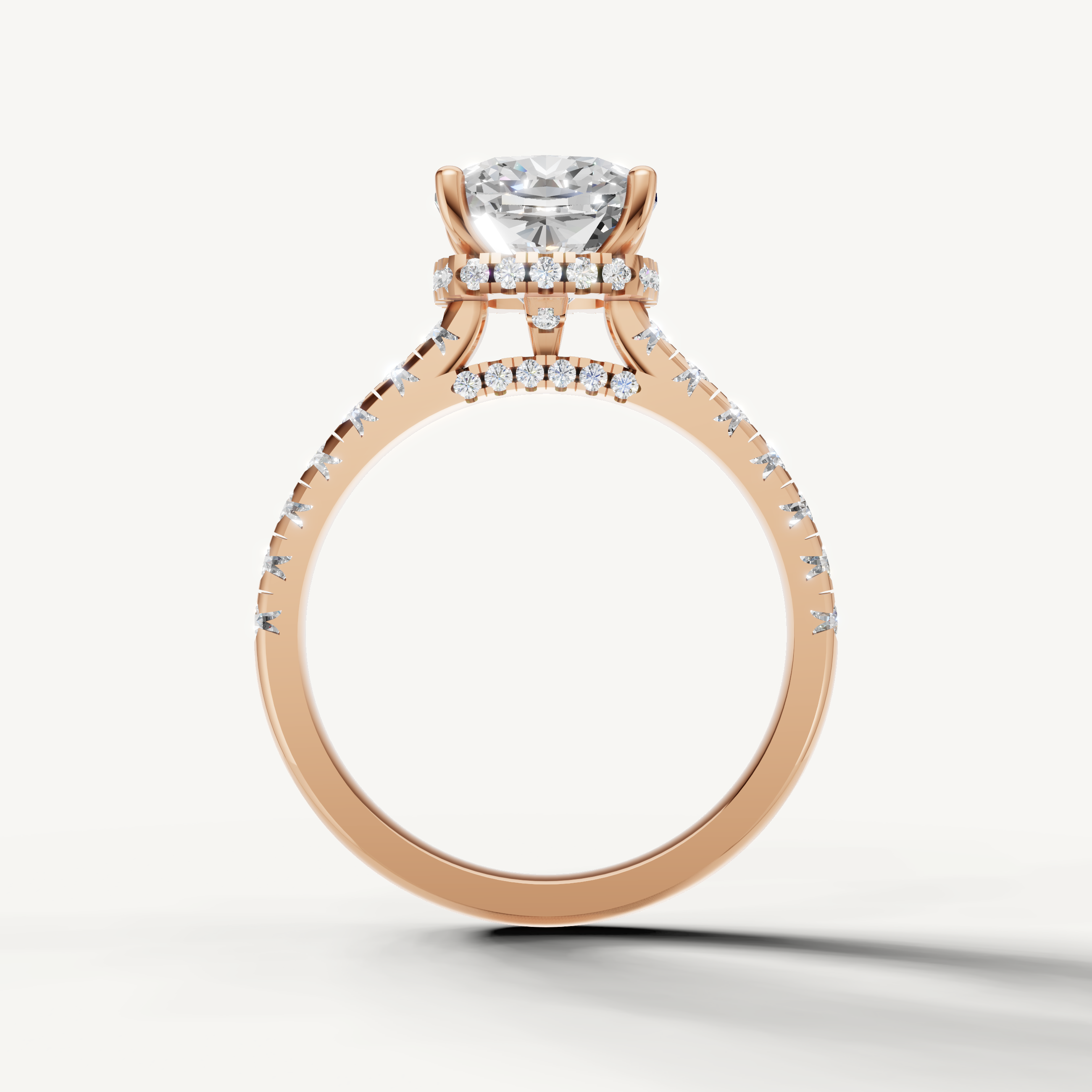 14K Rose Gold Cushion Engagement Ring with Diamond Pavé Band – Raul Diamonds