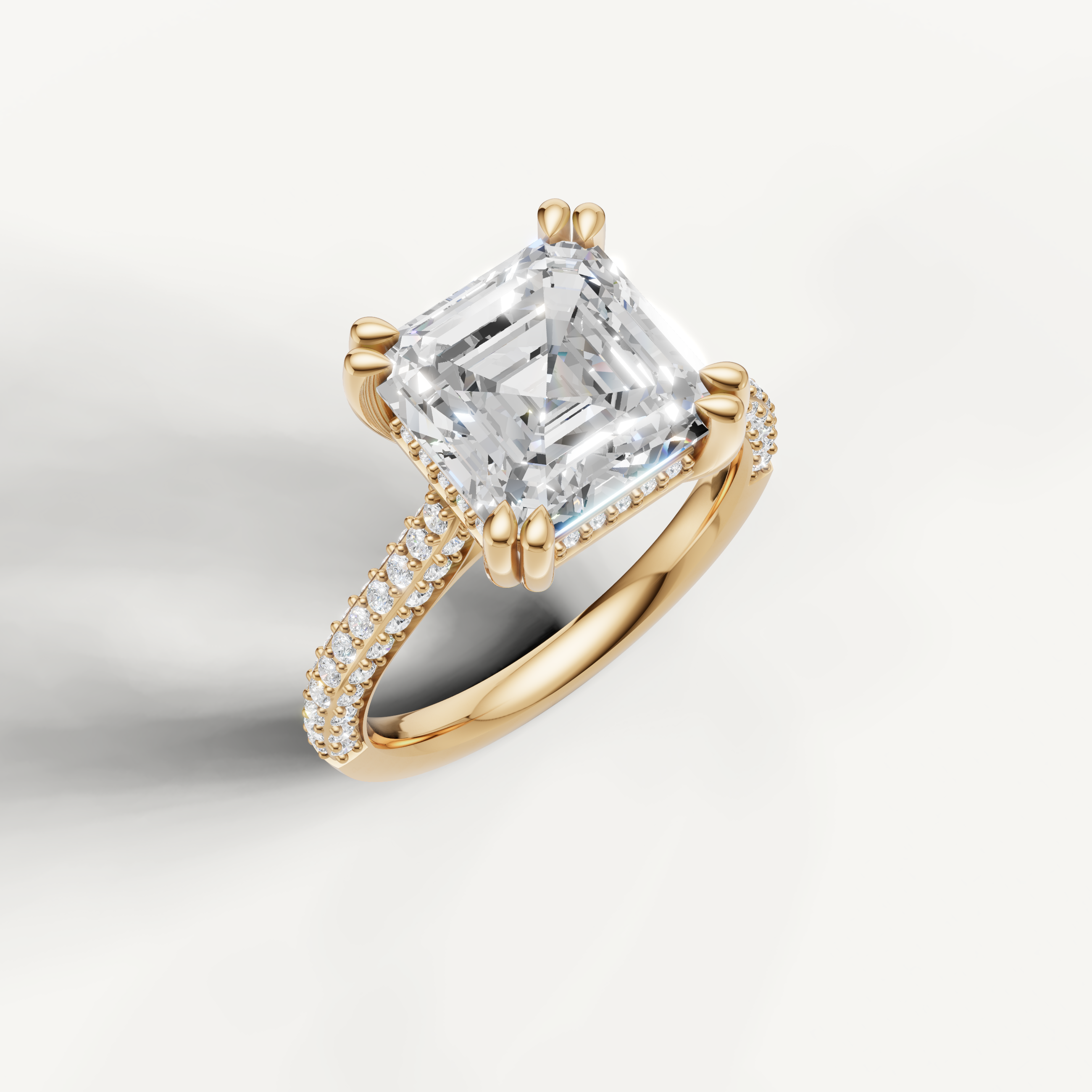 14K Yellow Gold Asscher Shape Lab Diamond Ring with Double Pavé Band – Raul Diamonds