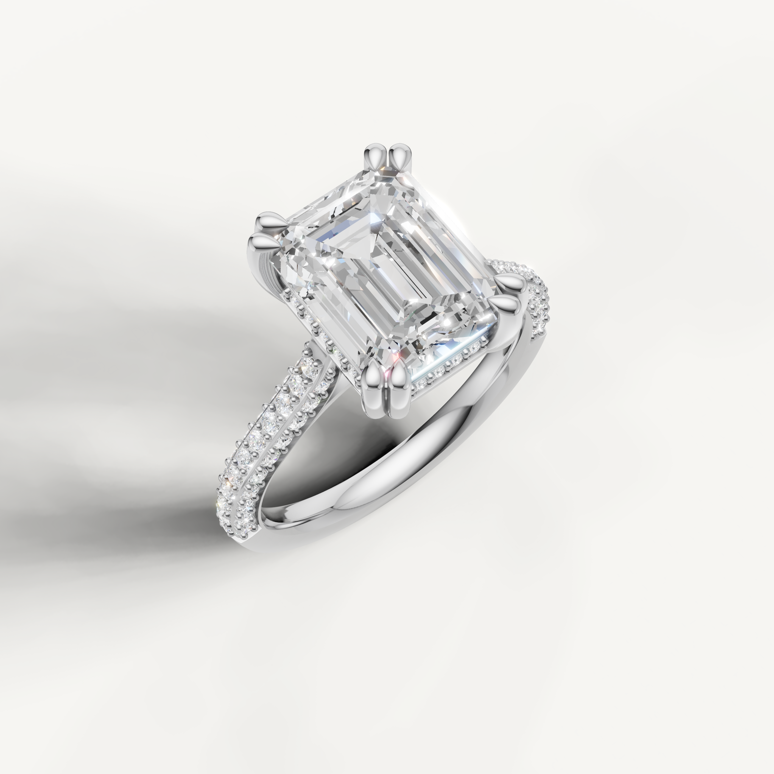 White Gold Emerald Shape Lab Diamond Ring with Double Pavé Diamonds – Raul Diamonds