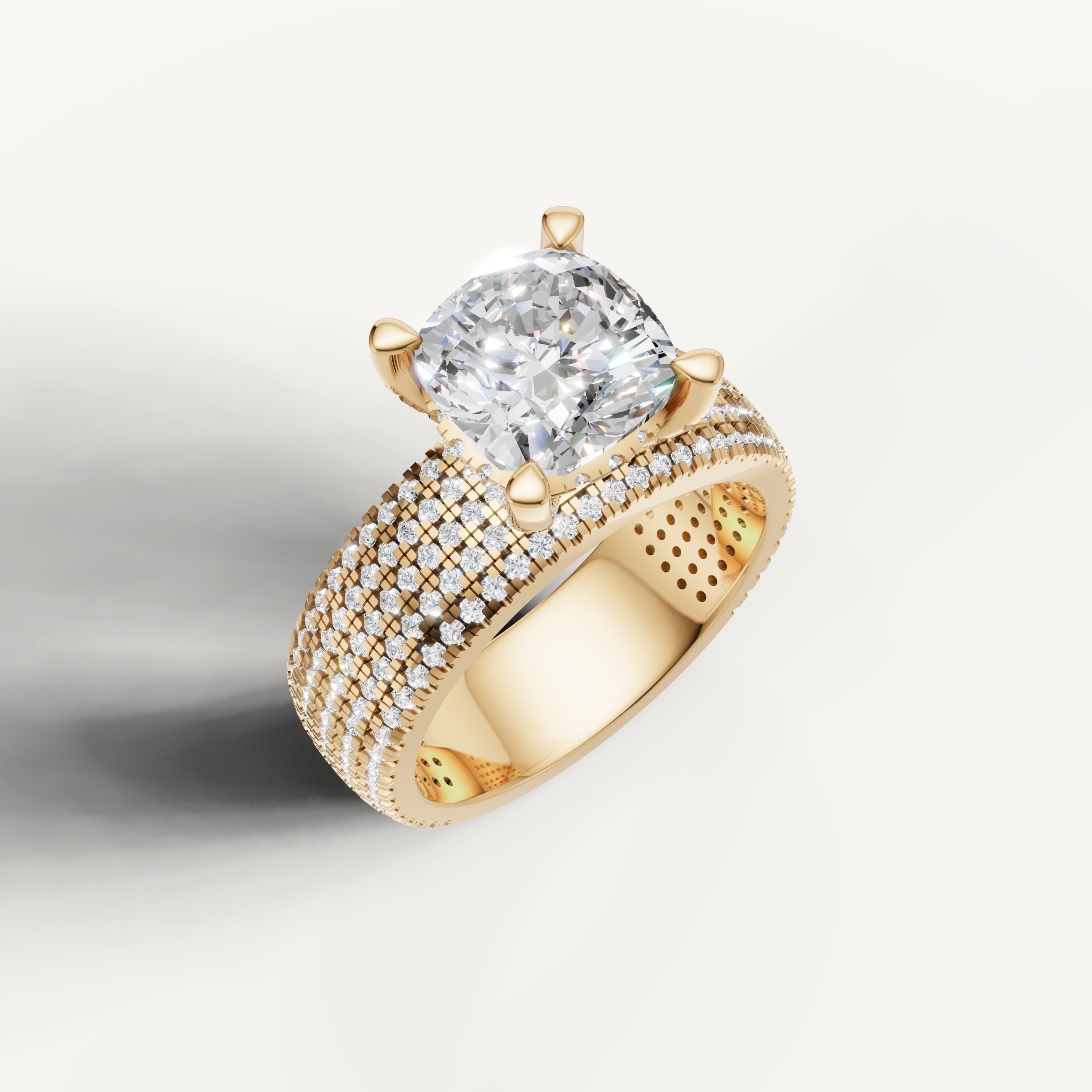 14K Yellow Gold Cushion Cut Lab Diamond Ring with Multi Row Pavé Setting – Raul Diamonds