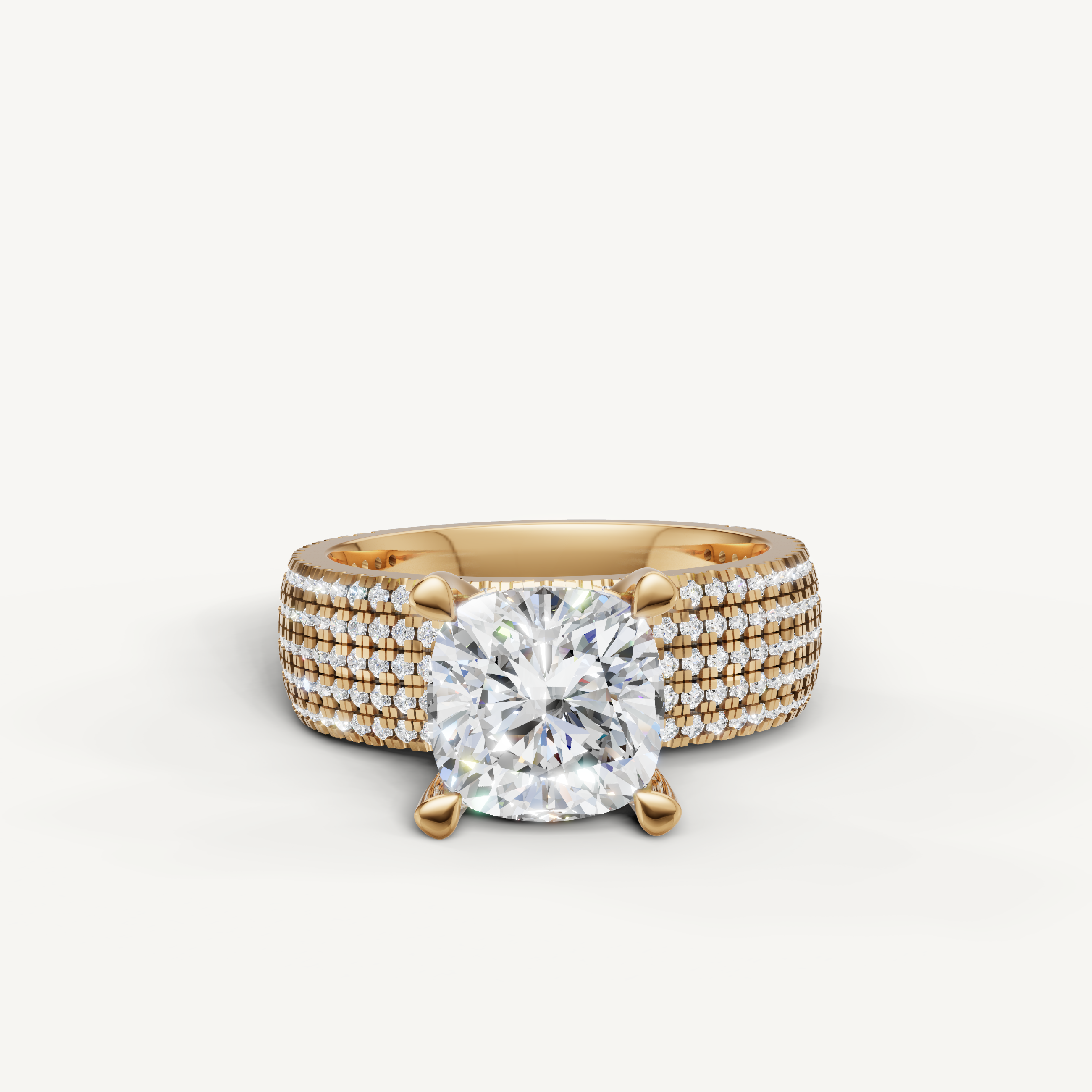 Cushion Lab Grown Diamond Engagement Ring with Triple Pavé Band in 14K Yellow Gold – Raul Diamonds